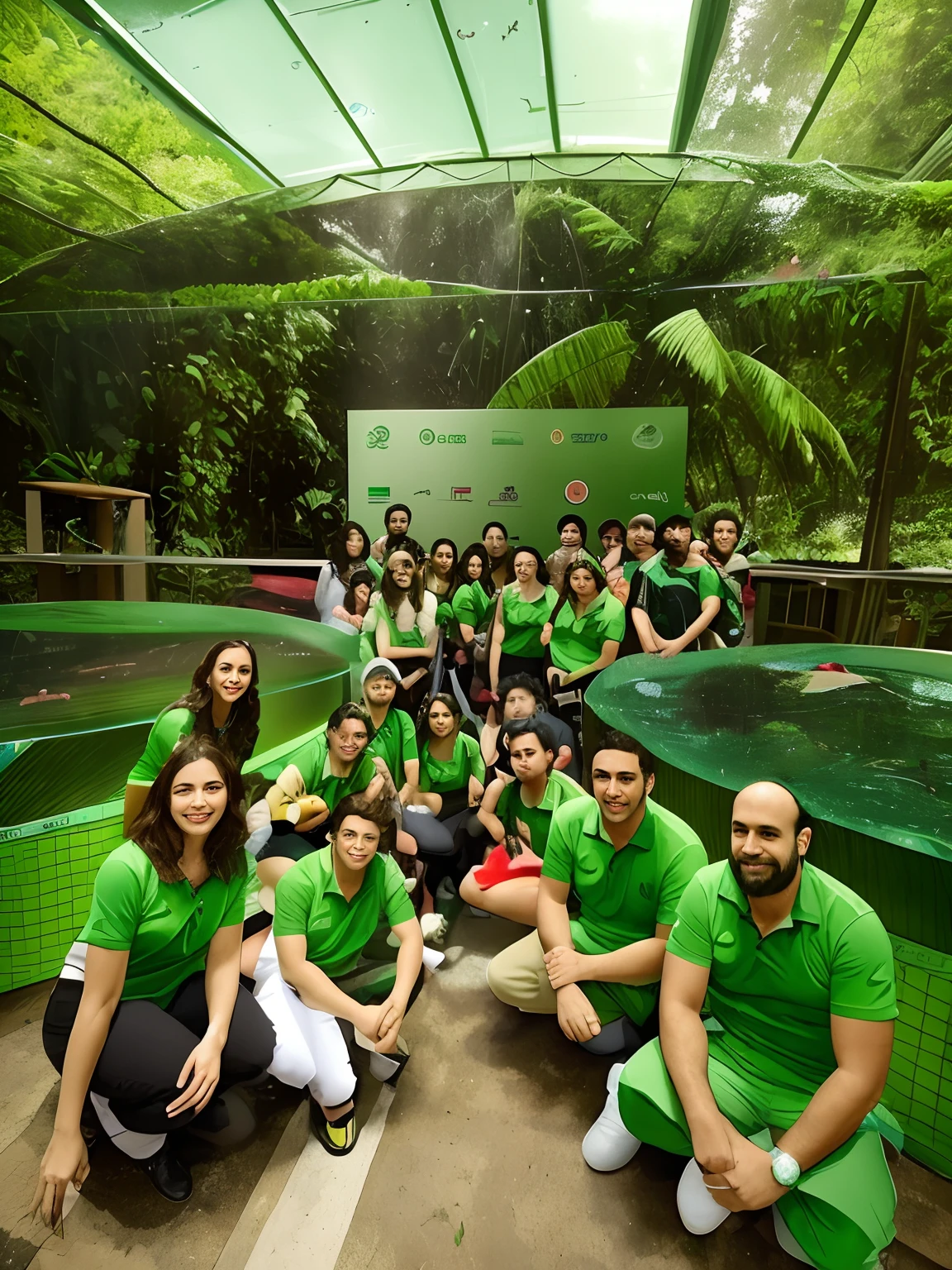 Grupo de pessoas com camisas verdes posando para uma foto, Directed by: David Ruby, foto de grupo, In Sao Paulo, Directed by: Luis Miranda, Directed by: CeFerí Olivé, pano de fundo, biopods, sao paulo, Edon Guraziu, Directed by: Judith Gutierrez, divertindo-se, description, biodomo, In the background