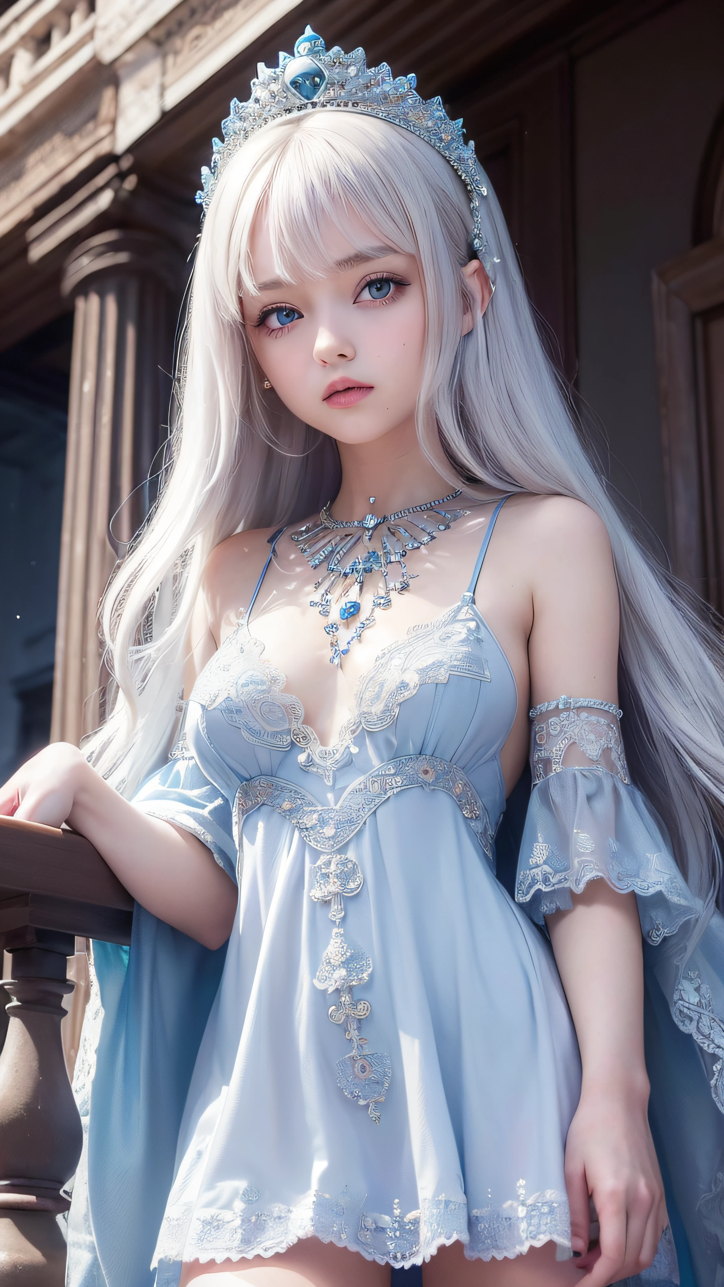 4K ulta hd, masterpiece, 1 girl, white skins, good face, very long hair, hair ornament, light makeup, detailed eyes, small round breast, ultra detailed clothes,  (blue princess dress:1.5), lace:1.5, (shining dress:1.8), strap dress, necklace, jewellery, amazing balcony background,