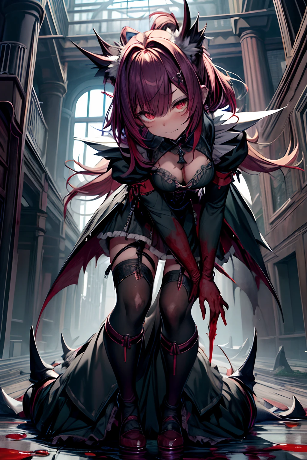 dutch angle、From below、horor、in isekai、Dynamic、Acrobatic、full body Esbian、crosses、Goth Punk、Longhaire、Twin-tailed、dishevled hair、long、Blunt bangs、Ahegao ( Silly / Sexual ecstasy)、dead body、Blood everywhere、blood splashing、dark hue、Red hue、maid、Green hair、