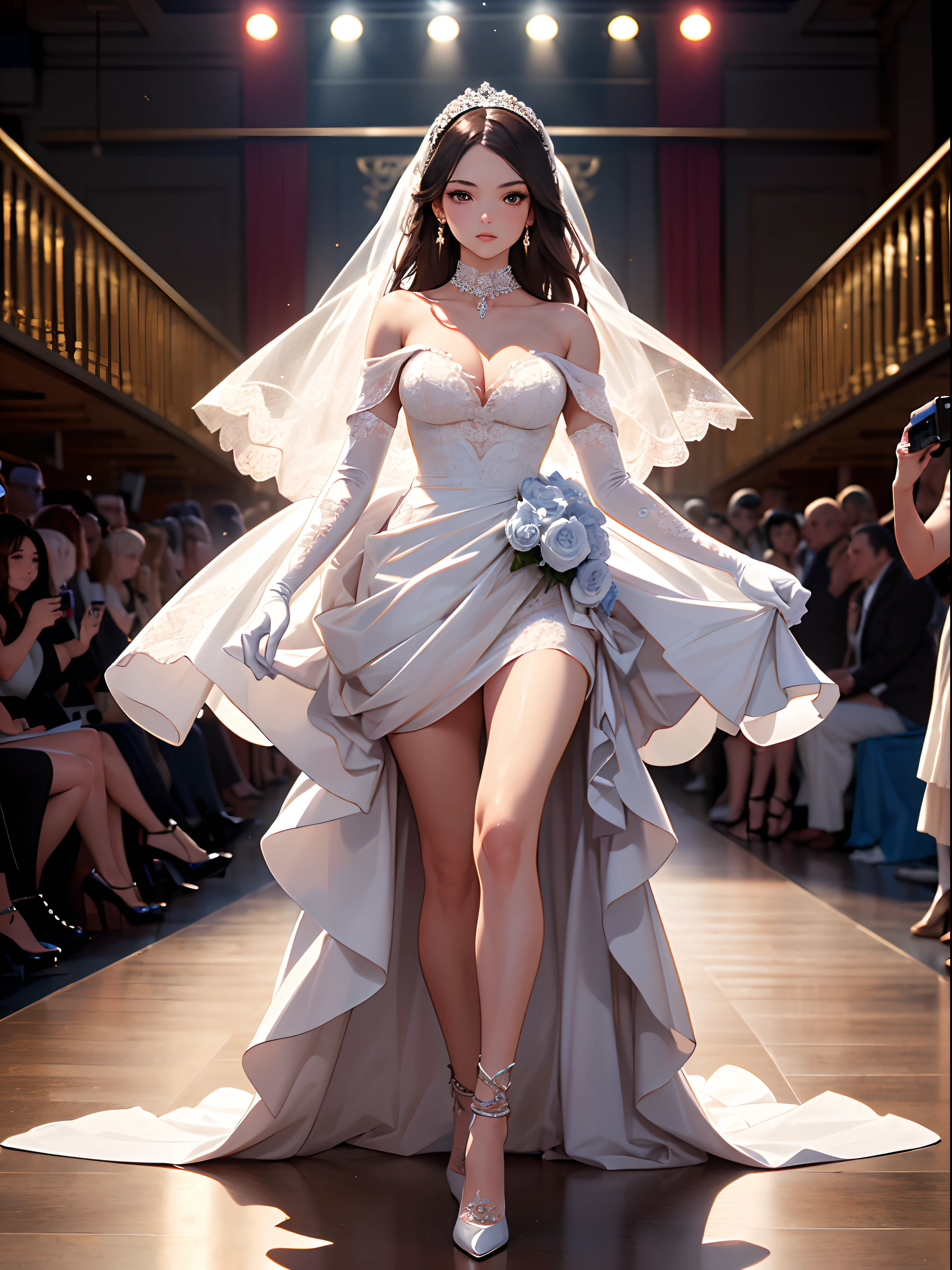 (masterpiece,best quality, hires, ultra-detailed:1.4), (fashion show, catwalk), 1 girl, walking, wedding dress, bridal veil, bridal gauntlets, elbow gloves, off-shoulder dress, high-low skirt, high heels