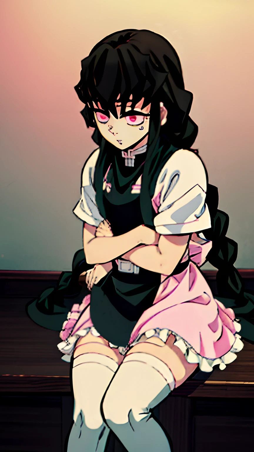 Demon Slayer Art Style, Pretty girl with long black hair that fades into pink at the end, one long braid, fluffy bangs, baby-pink eyes, pinkish-red eye make-up, pink cheeks, small mole under right eye, black demon slayer uniform, frilly white apron on top, frilly white cuffs, pink obi around the waist, white lacey thigh high socks, big pink bow in the back of her hair, blushing, Hugging Tokito Muichiro