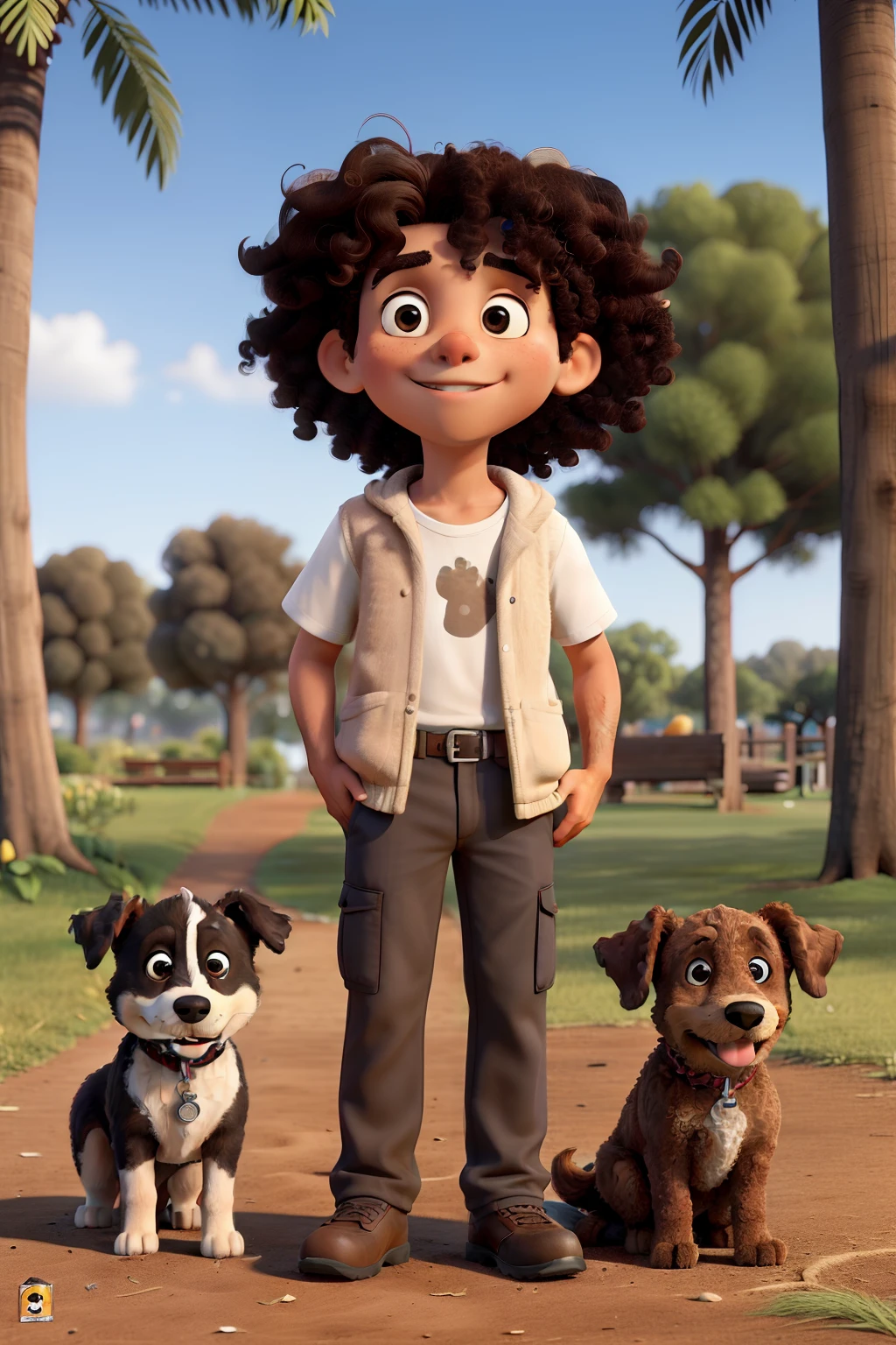 Obra-prima, de melhor qualidade, A medium curly haired brown boy standing in the park with a black and white dog