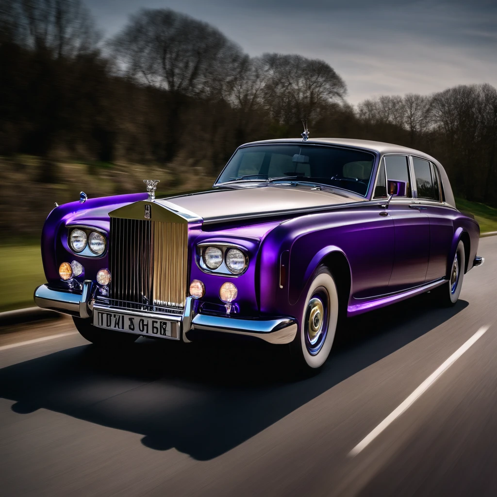 a close up of a purple rolls royce car with a number plate on it, front profile shot, front on, front face, 3/4 front view, concept car, breath taking beautiful, the ugliest car in the world, with sleek lines and a powerful, symmetrical front view, front shot, looking regal and classic, front profile, very symmetrical body