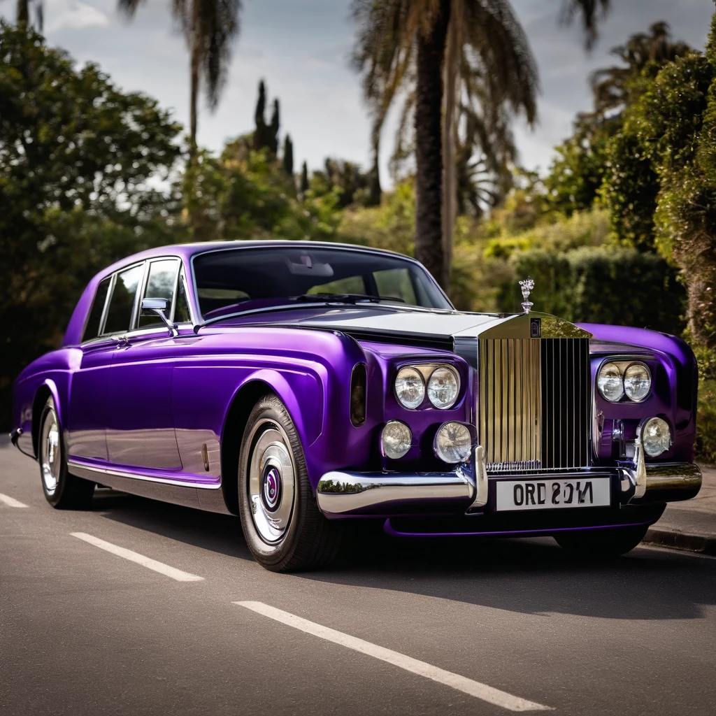a close up of a purple rolls royce car with a number plate on it, front profile shot, front on, front face, 3/4 front view, concept car, breath taking beautiful, the ugliest car in the world, with sleek lines and a powerful, symmetrical front view, front shot, looking regal and classic, front profile, very symmetrical body