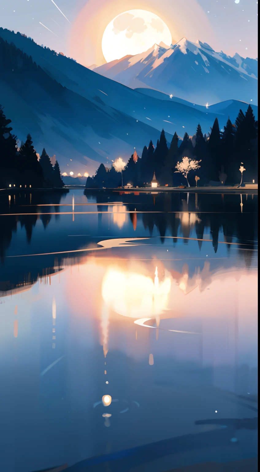 Very starry night. A giant moon behind the mountains. A tranquil lake reflects the night. The sunset is accompanied by flying cranes. Realistic scenes, detail, Photorealism, 8K