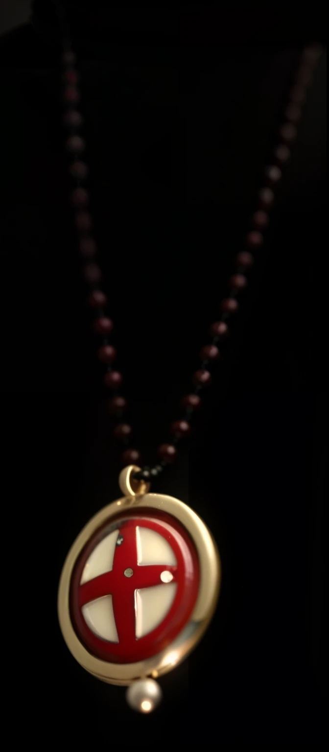 a close up of a necklace with a red and white design on it, pendant, amulet, close up shot of an amulet, ori, heavy jpeg artifact, very very low quality picture, center of image, sōsaku hanga, jinx, very grainy, profile pic, trending photo, devachan, deity), photo - shot