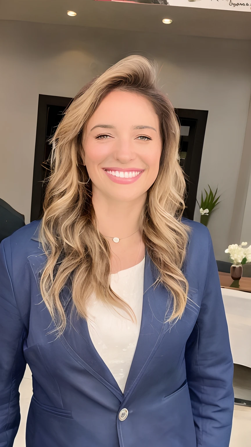 Smiling woman in blue jacket and white shirt standing in front of a building, foto de perfil.