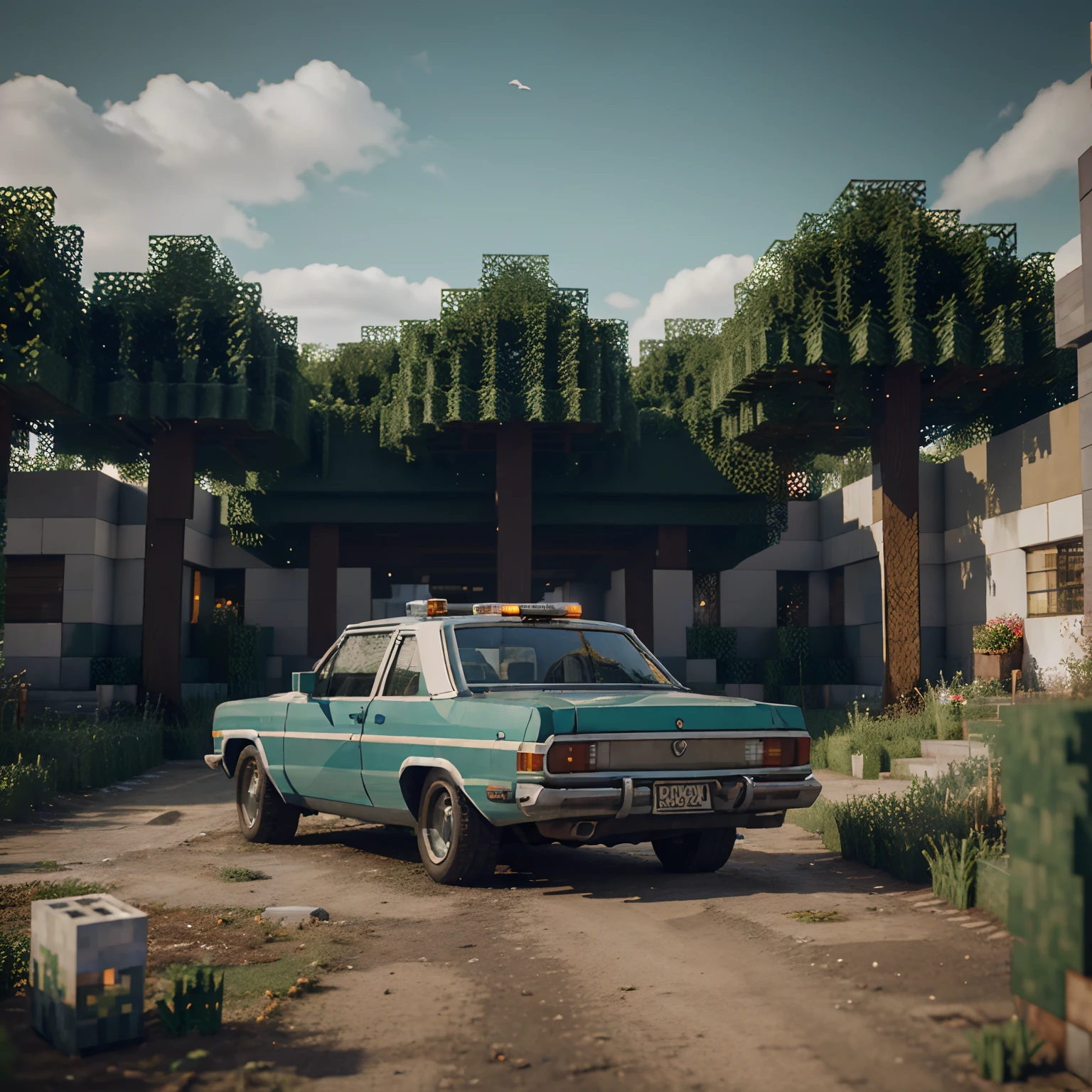 (best quality,highres,masterpiece:1.2),ultra-detailed,realistic:1.37,photography,side view,4 door police sedan,1970s,dark blue and white car with blue siren light,street,minecraft vehicle,nature,forest,muddy road,earth road,minimalist style,mixed with Minecraft style,retro,vintage,classic car,old-fashioned,aged,weathered, vintage car, parked,still,stagnant,dirt road,moody atmosphere,dim lighting,shadows,texture,gritty-details,photorealistic(minecraft style),pixelated effect,blocky,low-poly,high contrast,perspective,angle,composition,trees,foliage,leaves,greenery,white clouds in the sky