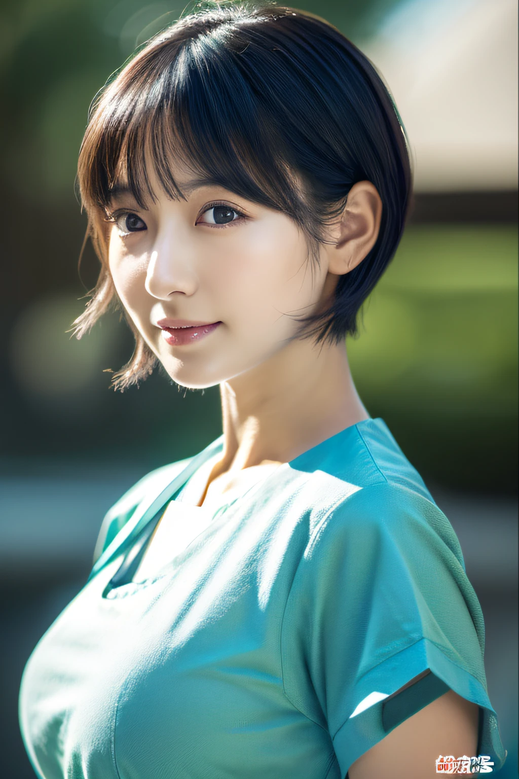 Female Nurse　Dark blue-green color　nurse's outfit　Japan woman in her early 30s　A dark-haired　bob cuts　Appearance like an actress　huge tit　ssmile　In the hospital　 ((Detailed face:1.2)), ((detailed facial features)), (finely detailed skin), pale skin, , (cold color), moist, moist, Reflectors, (masutepiece) (perfectly proportions)(photos realistic)(Best Quality) (Detailed) photographed in a Canon EOS R5, 50mm Lens, F/2.8, nffsw, (8K) (foco nítido) 　clothed、(Photo Real:1.4)、(hyper realisitic:1.4)、(realisitic:1.3)、 (Smoother lighting:1.05)、(Improved lighting quality in movies:0.9)、32K、 girl with、Realistic lighting、back lighting、Facial light、raytrace、(Brightening light:1.2)、(Increase quality:1.4)、 (Top quality real texture skins)、finely eye、finerly detailed face、glowy skin