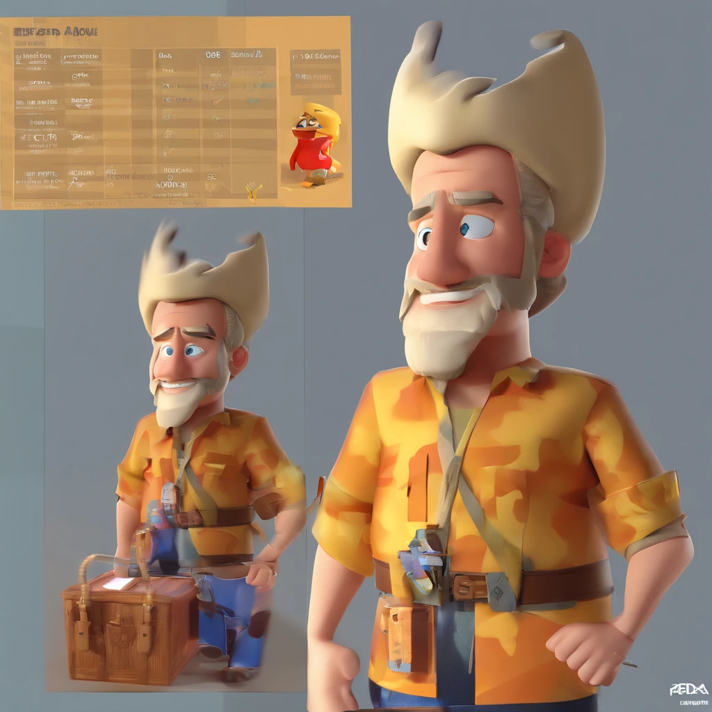Criar um personagem no estilo Pixar. Trata-se de um homem de 30 anos, com barba, Branco, com cabelos castanhos curtos e um quiff, e olhos castanhos. Ele deve estar na frente de um computador, Trabalhar como designer