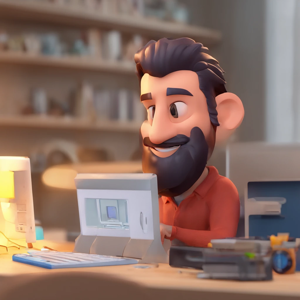 Criar um personagem no estilo Pixar. Trata-se de um homem de 30 anos, com barba, Branco, com cabelos castanhos curtos e um quiff, e olhos castanhos. Ele deve estar na frente de um computador, Trabalhar como designer