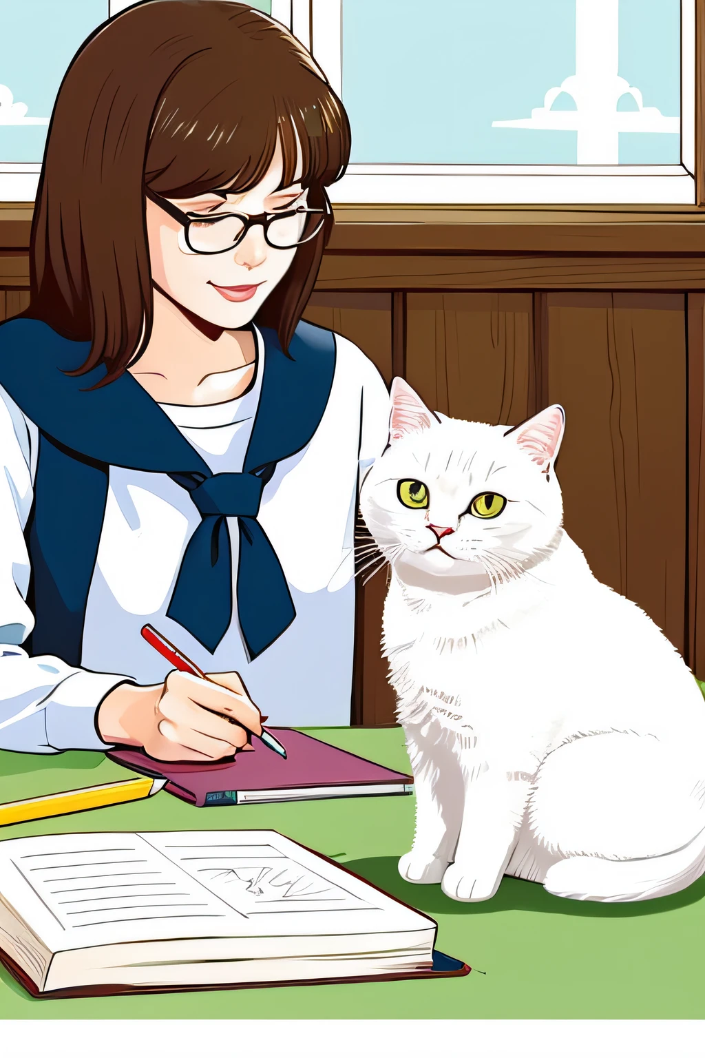 Please draw an illustration of a school teacher using a white cat as a motif.