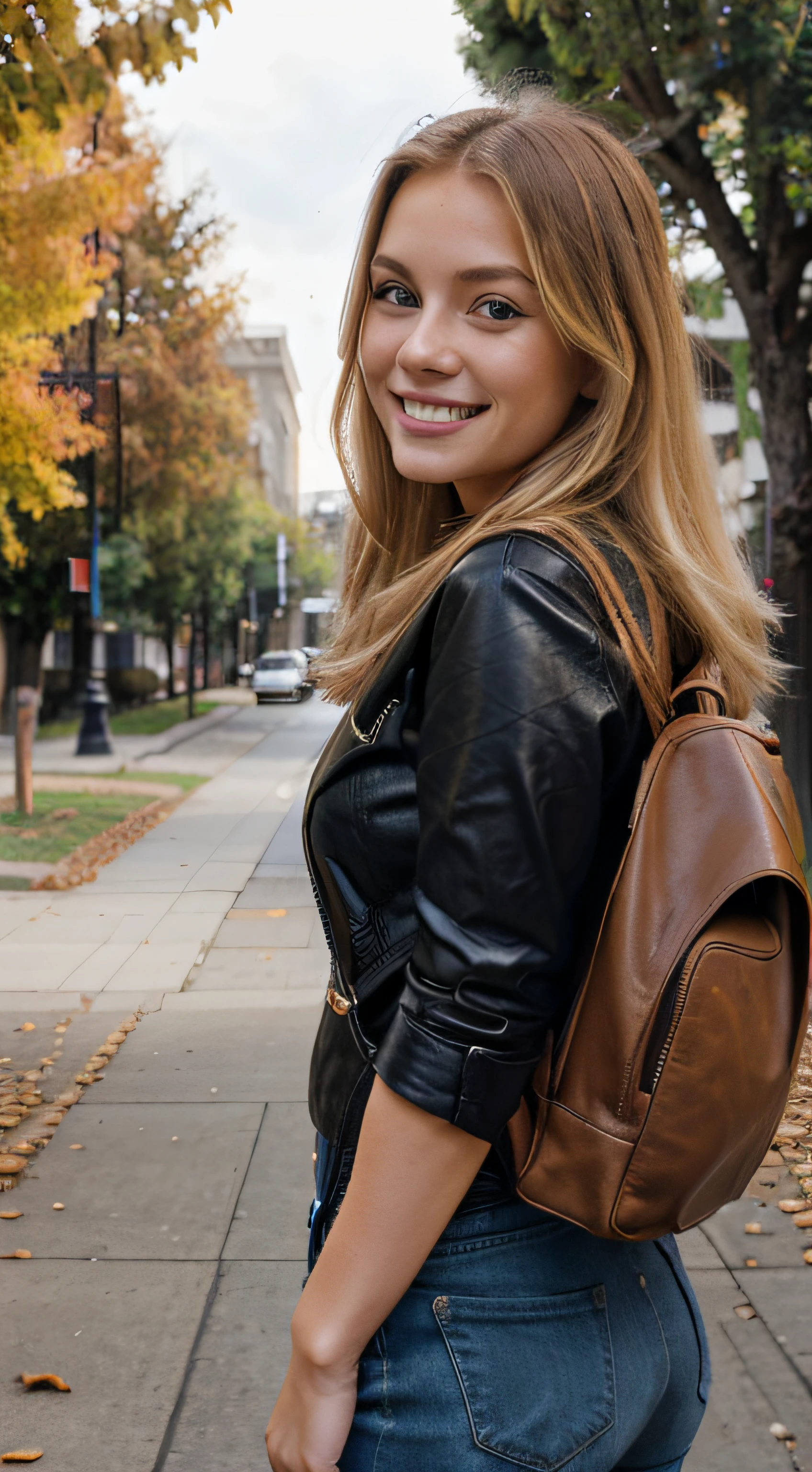 a photo realistic beautiful 26 years old model woman with blonde hair and blue eyes, cute and innocent. Clothed with classy brown autumn leather jacker and wearing a backpack in front of an old looking University of California in the background. laughing and not looking at the camera