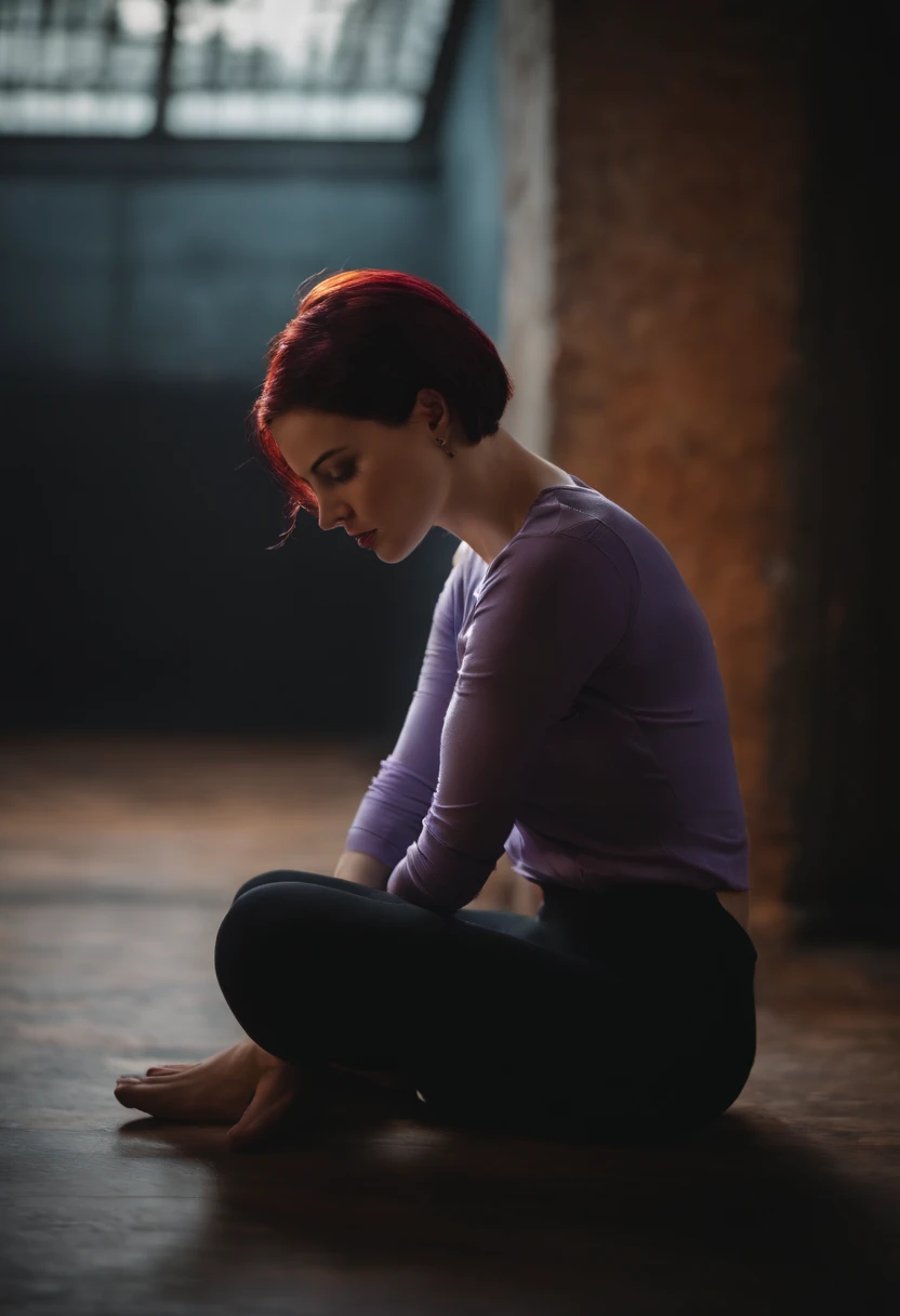 Woman sitting on her knees, with her back. Short hair that tends to be purple or something similar adds a touch of uniqueness and beauty. Next to her is another version of the same woman, gently bringing her, while in the background another person can be seen fidgeting in pain and tension. This scene combines strength, weakness, and conflicting emotions at the same time.”