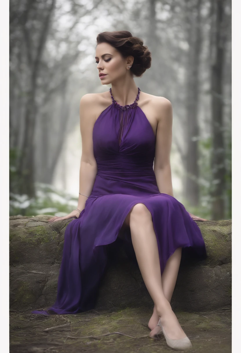 Woman sitting on her knees, with her back. Short hair that tends to be purple or something similar adds a touch of uniqueness and beauty. Next to her is another version of the same woman, gently bringing her, while in the background another person can be seen fidgeting in pain and tension. This scene combines strength, weakness, and conflicting emotions at the same time.”