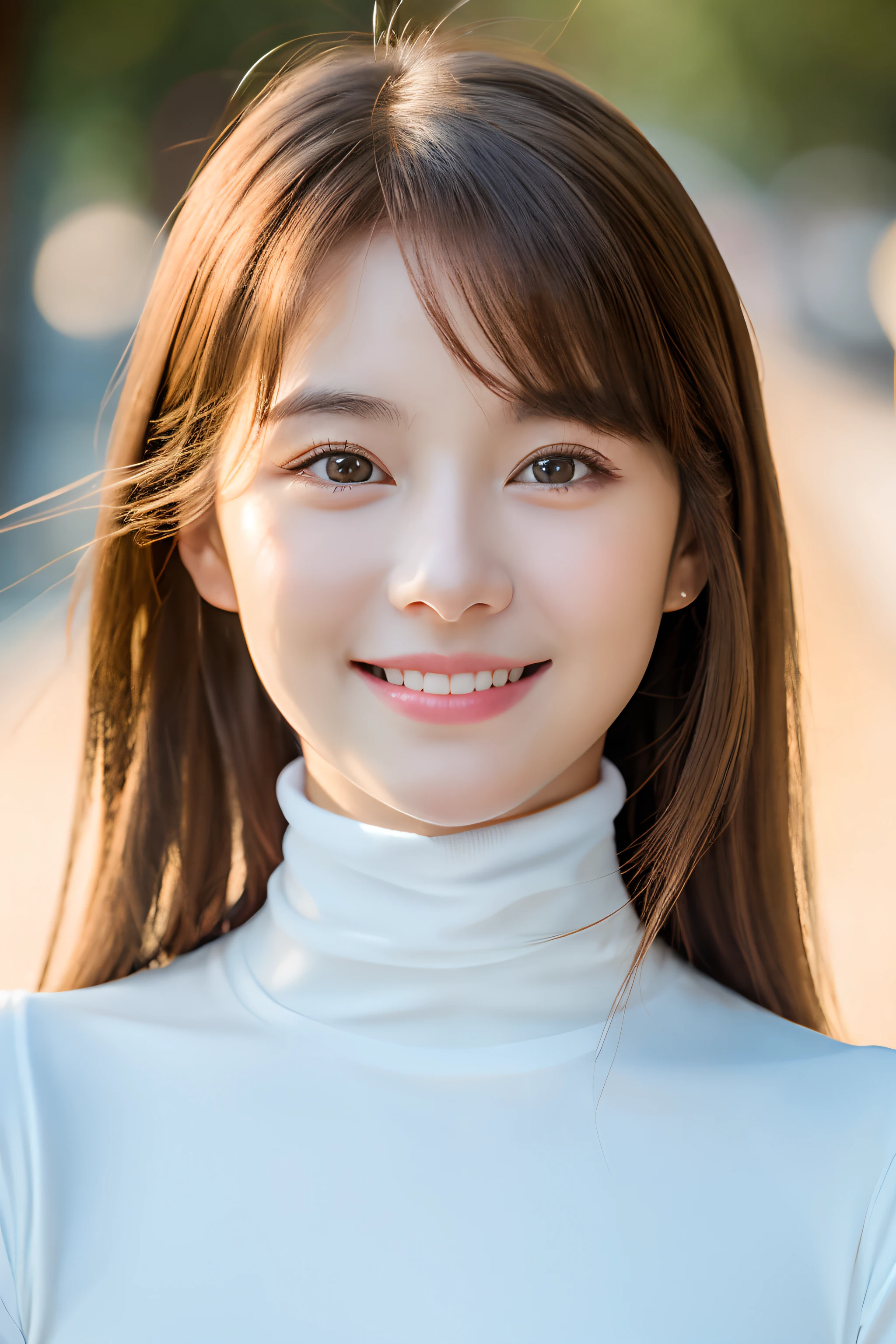 best quality, masterpiece, (photorealistic:1.4), 1girl, smiling eyes, (ulzzang-6500-v1.1:1.0), Beautiful Woman, Actress, White turtleneck,