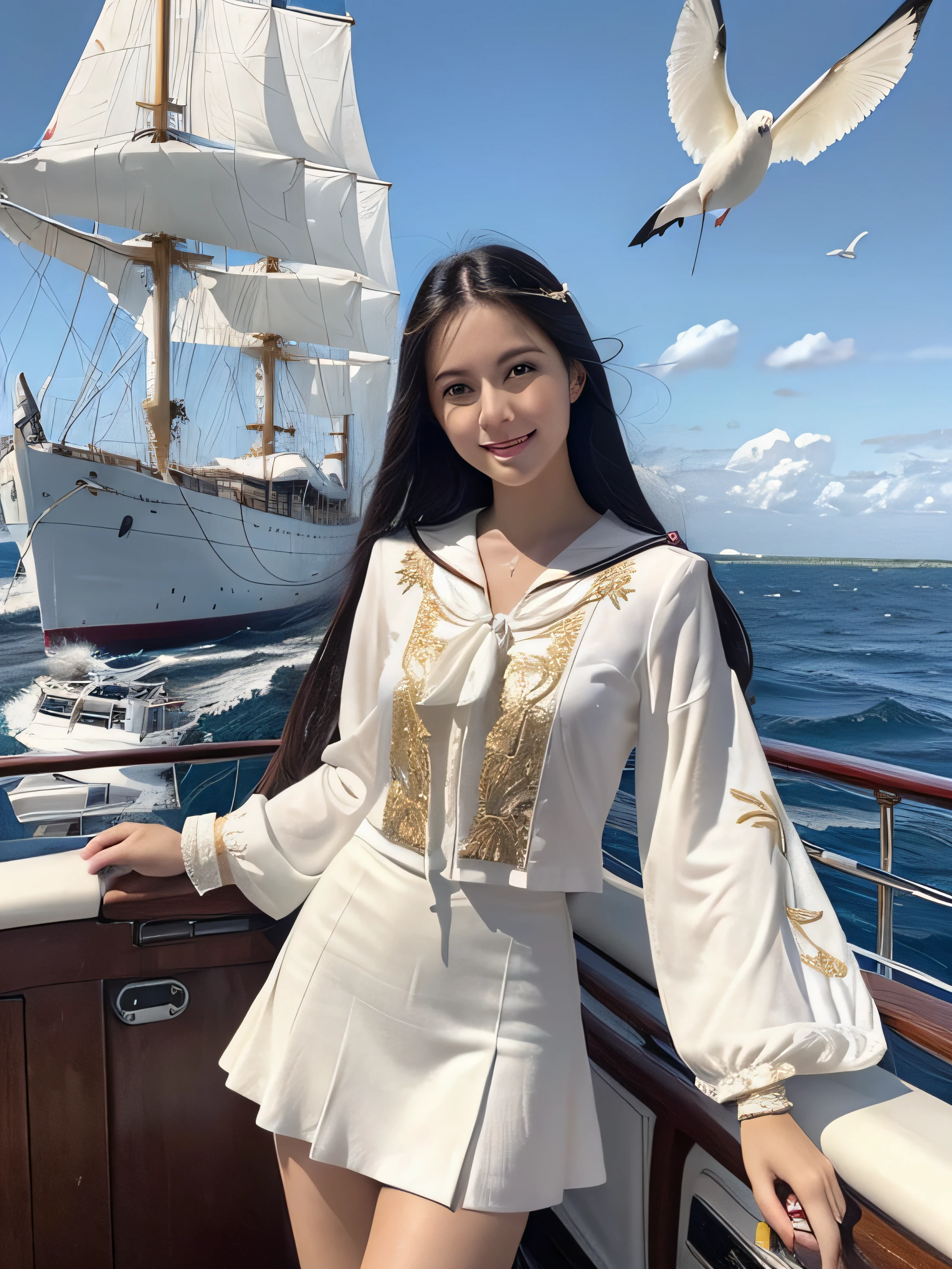 (((masutepiece, Highest Quality, High Definition, high detailing)))), ((((Fantasy))), One, (Elven Woman)))), (White short skirt with gold embroidery), (Blonde long straight hair), (shiny dark green eyes), (White ruffled blouse with gold embroidery), Medium milk, (((On the deck of a sailing ship at sea)), (Vast sea))), (The sky with clouds)), (( Seagulls flying in the sky)), Smile, (Breeze), Particles of light flying