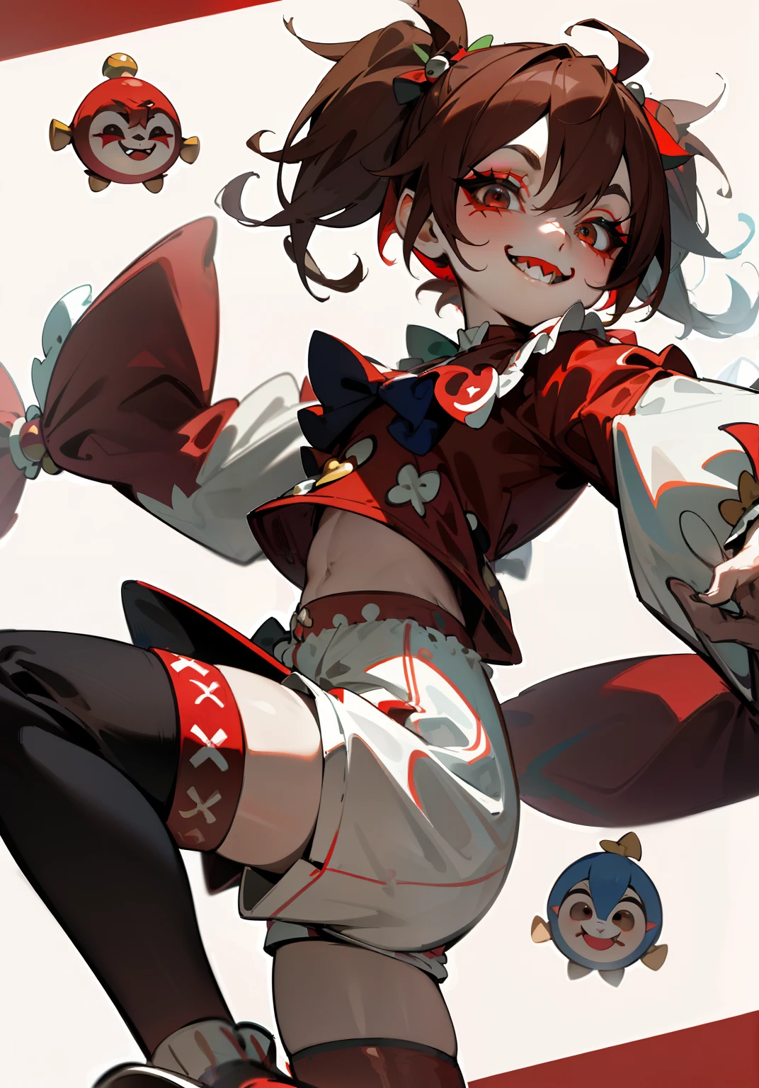 1GIRL, insane clown girl, laughing hesterically, sharp big smiling teeth, bomb, finely detailed, (best quality), (intricate details), cute style, loli, jester style, multicolored, circus background with red curtains, place on fire hell, ((long brown hair in pigtails)), best quality, ((long sleeve shirt and shorts)), ((red and white clothes)), ((jester style clothes)), ((thigh high socks)), ((round eyes)), ((has jester makeup)), beautiful face, happy, cute face, pinup, perfect face, simple background portrait