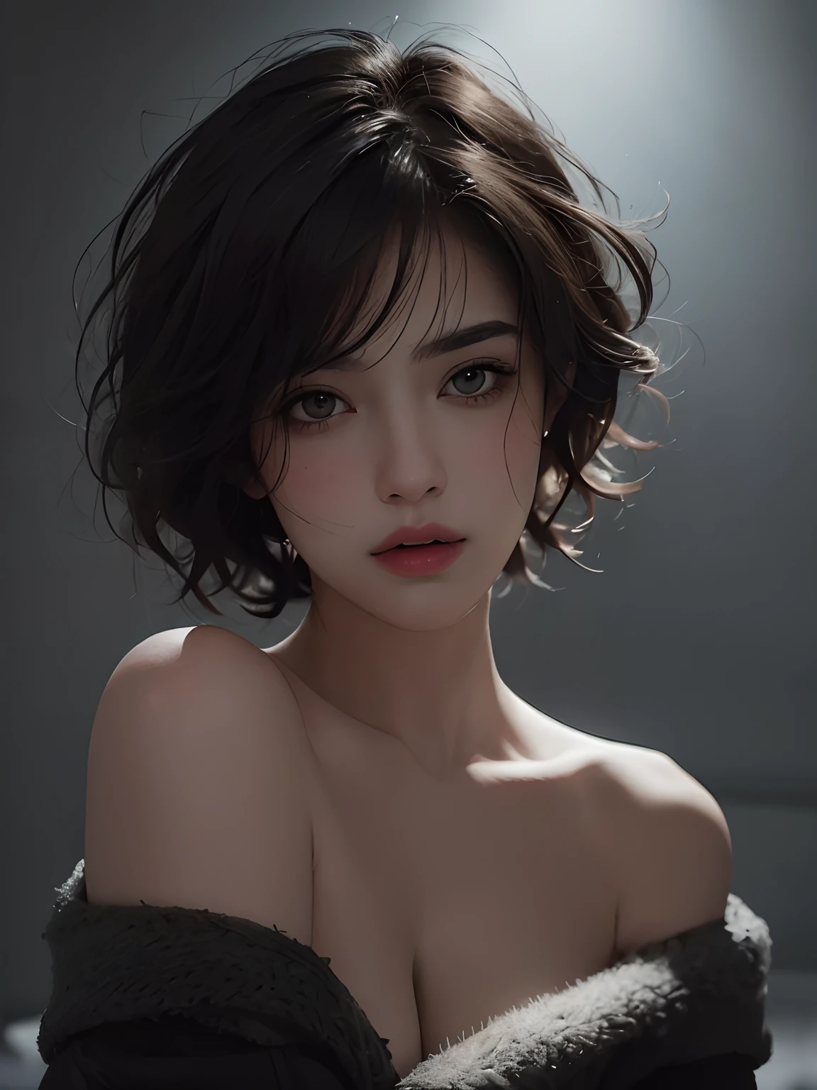 Best quality, masterpiece, ultra high res, (photorealistic:1.5), raw photo, 1girl, offshoulder, in the dark, deep shadow, low key, cold light, sexy look, short hair