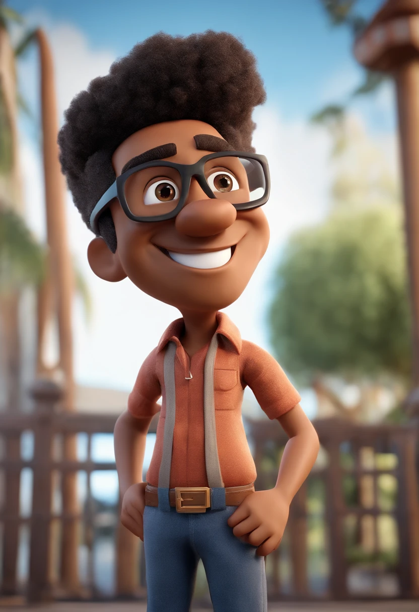 personagem dos desenhos animados de um homem negro, cabelo crespo, with black glasses and a blue shirt, animation character, Caractere estilizado, animation style rendering, 3D estilizado, Arnold Maya render, 3 d render stylized, toon render keyshot, Personagem 3D, Personagem 3D, 3d rendering stylized, 3 d character render, personagem de desenho animado, Personagem de close up, Pose de personagem,  (Estilo Pixar) (master part:1.2) (Bokeh) (best quality) (pele detalhada) (textura detalhada) (8k) (argila) (Cinematic lighting) (foco nítido