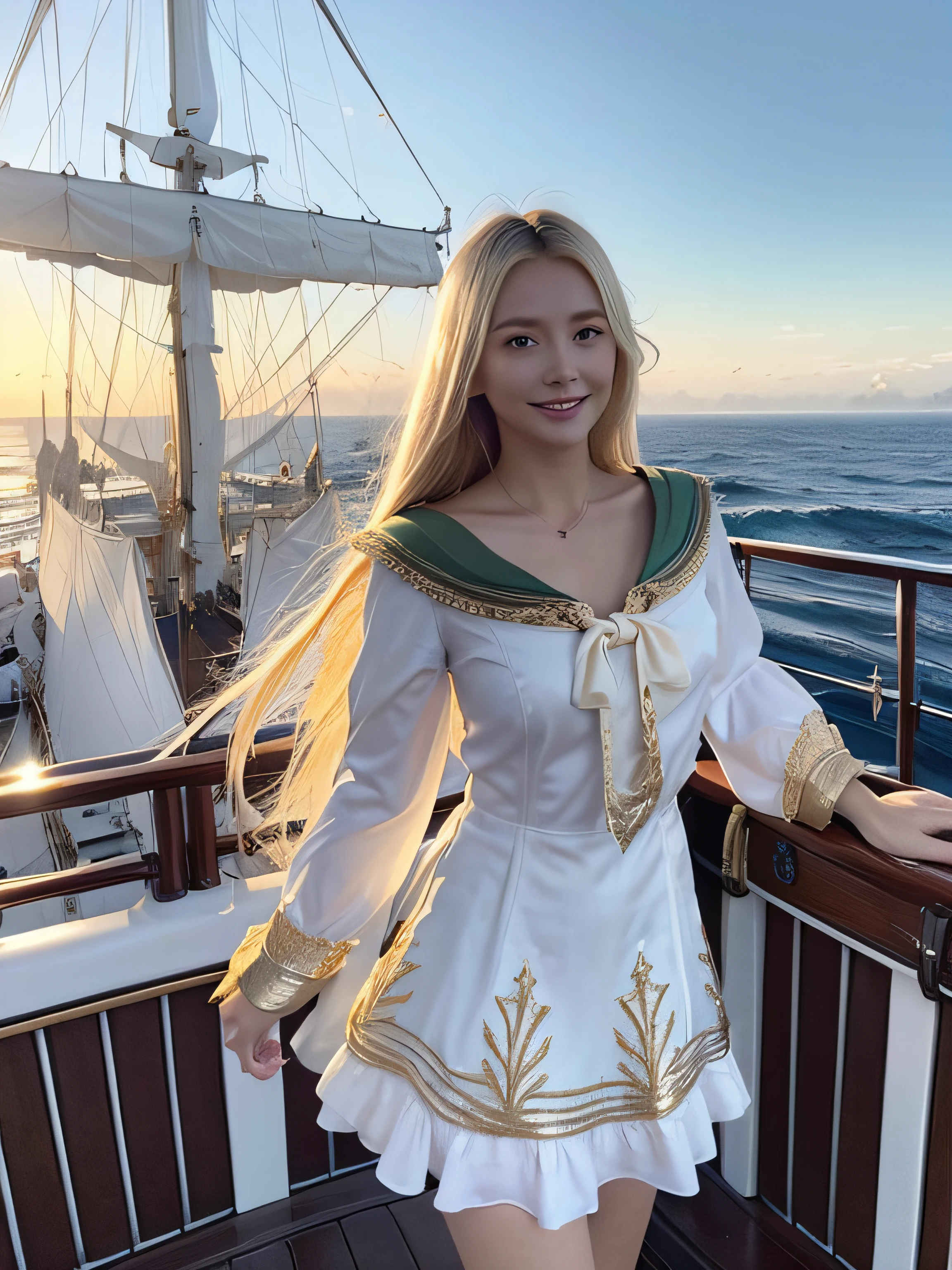 (((masutepiece, Highest Quality, High Definition, high detailing)))), ((((Fantasy))), One, (Elven Woman)))), (White short skirt with gold embroidery), (Blonde long straight hair), (shiny dark green eyes), (White ruffled blouse with gold embroidery), Medium milk, (((On the deck of a sailing ship at sea)), (Vast sea))), (The sky with clouds)), (( Seagulls flying in the sky)), Smile, (Breeze), Particles of light flying