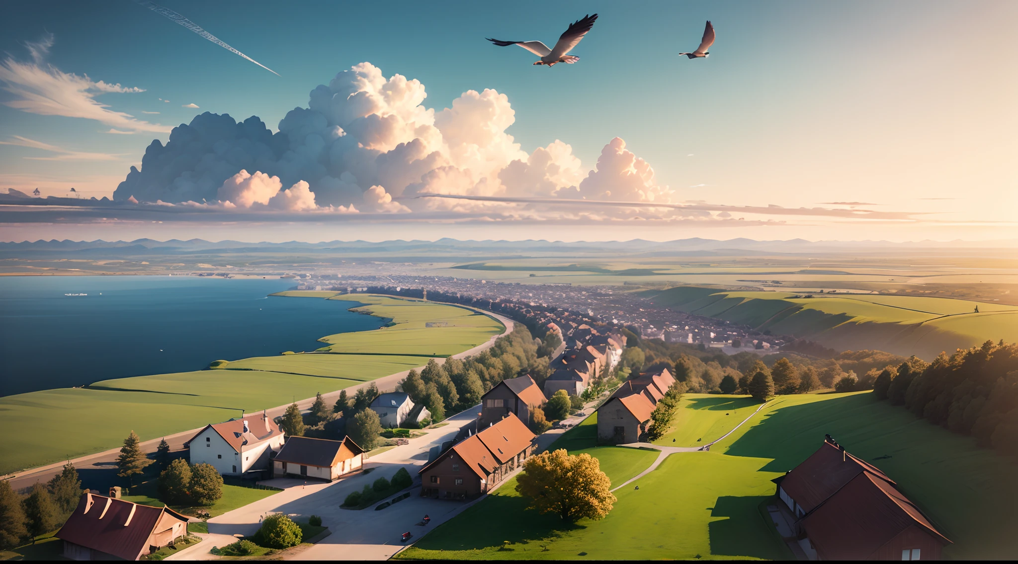 Realistic, detailed, 8k scene, clouds of sky seen from above, sunshine, the small city on green beautiful plateau, europan landscape, beautiful lake, wallpaper 8k, flock of birds flying in distance, morning view early,