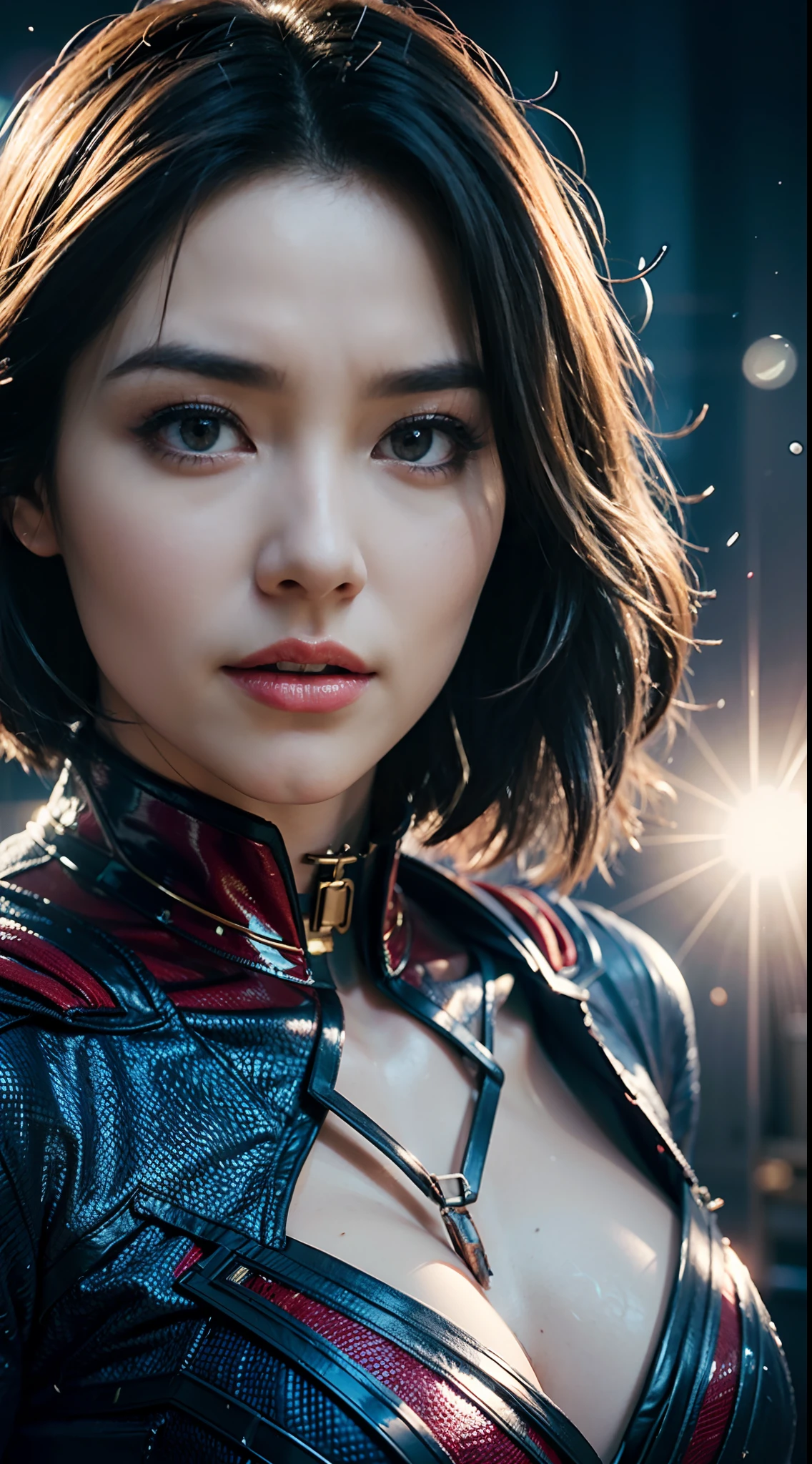 1womanl，独奏，A cinematic scene, Close-up shot dressed as Superman, Distorted space, distorted undead in the background, lens flare glow, light shafts, Intricate details, Highly detailed, voluminetric lighting, 4K rendering, stockphoto, Hyper-realistic, Realistic textures, Dramatic lighting, illusory engine，Bare topless