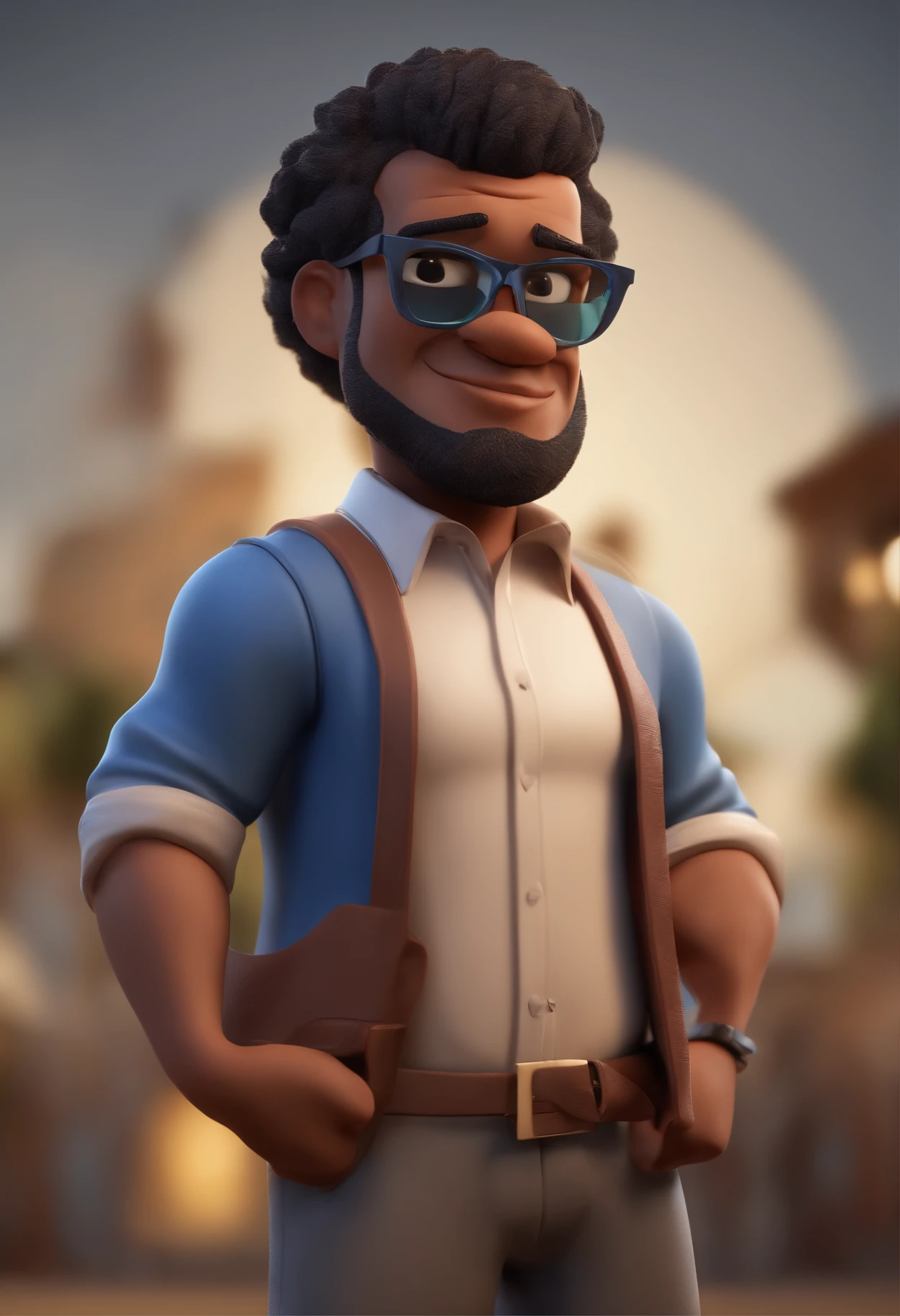 personagem dos desenhos animados de um homem negro, cabelo crespo, with black glasses and a blue shirt, animation character, Caractere estilizado, animation style rendering, 3D estilizado, Arnold Maya render, 3 d render stylized, toon render keyshot, Personagem 3D, Personagem 3D, 3d rendering stylized, 3 d character render, personagem de desenho animado, Personagem de close up, Pose de personagem,  (Estilo Pixar) (master part:1.2) (Bokeh) (best quality) (pele detalhada) (textura detalhada) (8k) (argila) (Cinematic lighting) (foco nítido