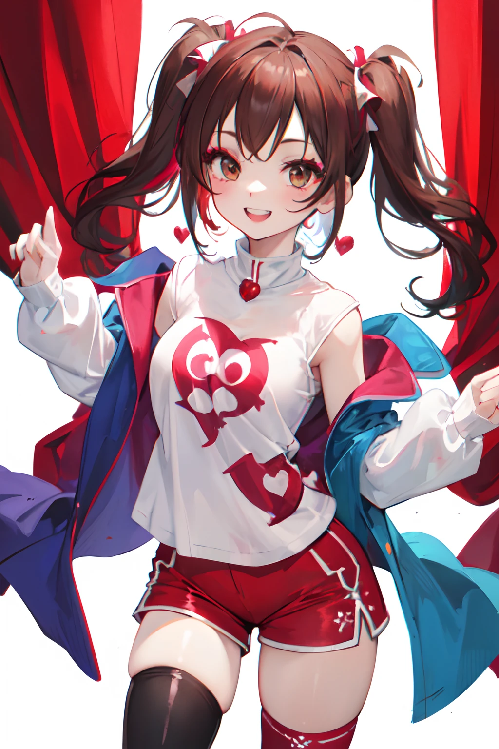 1GIRL, insane clown girl, laughing hesterically, sharp big smiling teeth, bomb, finely detailed, (best quality), (intricate details), cute style, loli, jester style, multicolored, circus background with red curtains, place on fire hell, ((long brown hair in pigtails)), best quality, ((long sleeve shirt and shorts)), ((red and white clothes)), ((jester style clothes)), ((thigh high socks)), ((round eyes)), ((has jester makeup)), beautiful face, happy, cute face, pinup, perfect face, simple background portrait