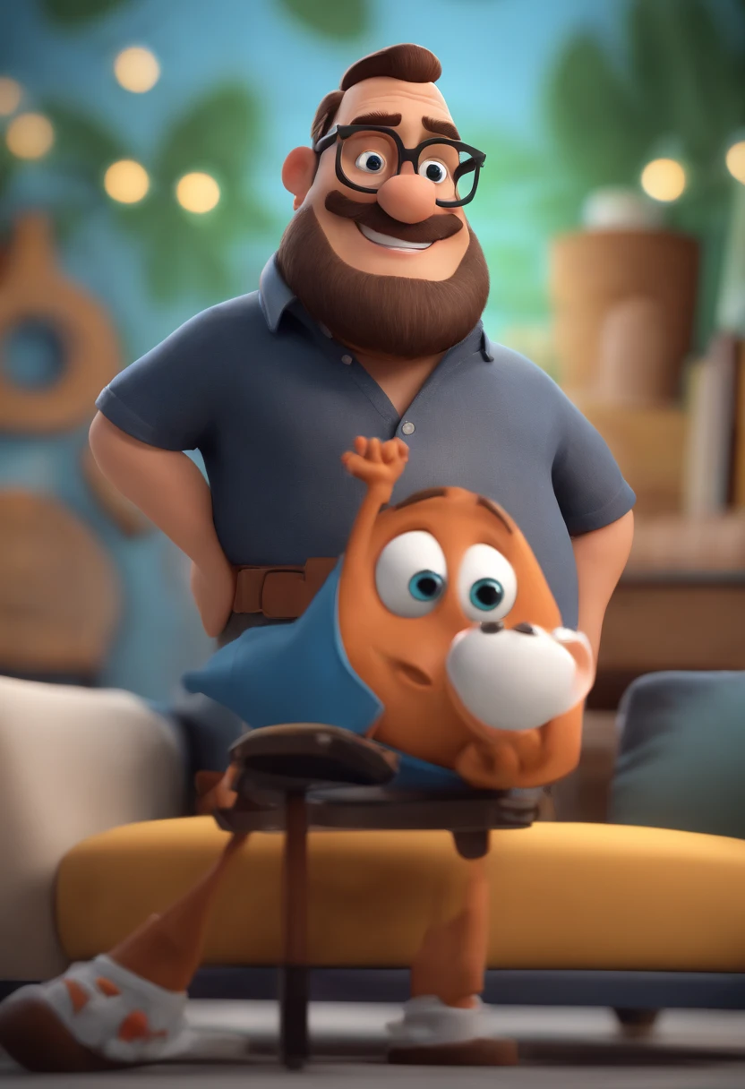 personagem dos desenhos animados de um homem de 35 de barba rala, Short hair with black glasses and a blue shirt, Cleaning Sofa, animation character, Caractere estilizado, animation style rendering, 3D estilizado, Arnold Maya render, 3 d render stylized, toon render keyshot, Personagem 3D, Personagem 3D, 3d rendering stylized, 3 d character render, personagem de desenho animado, Personagem de close up, Pose de personagem, (Estilo Pixar) (master part:1.2) (Bokeh) (best quality) (pele detalhada) (textura detalhada) (8k) (argila) (Cinematic lighting) (foco nítido