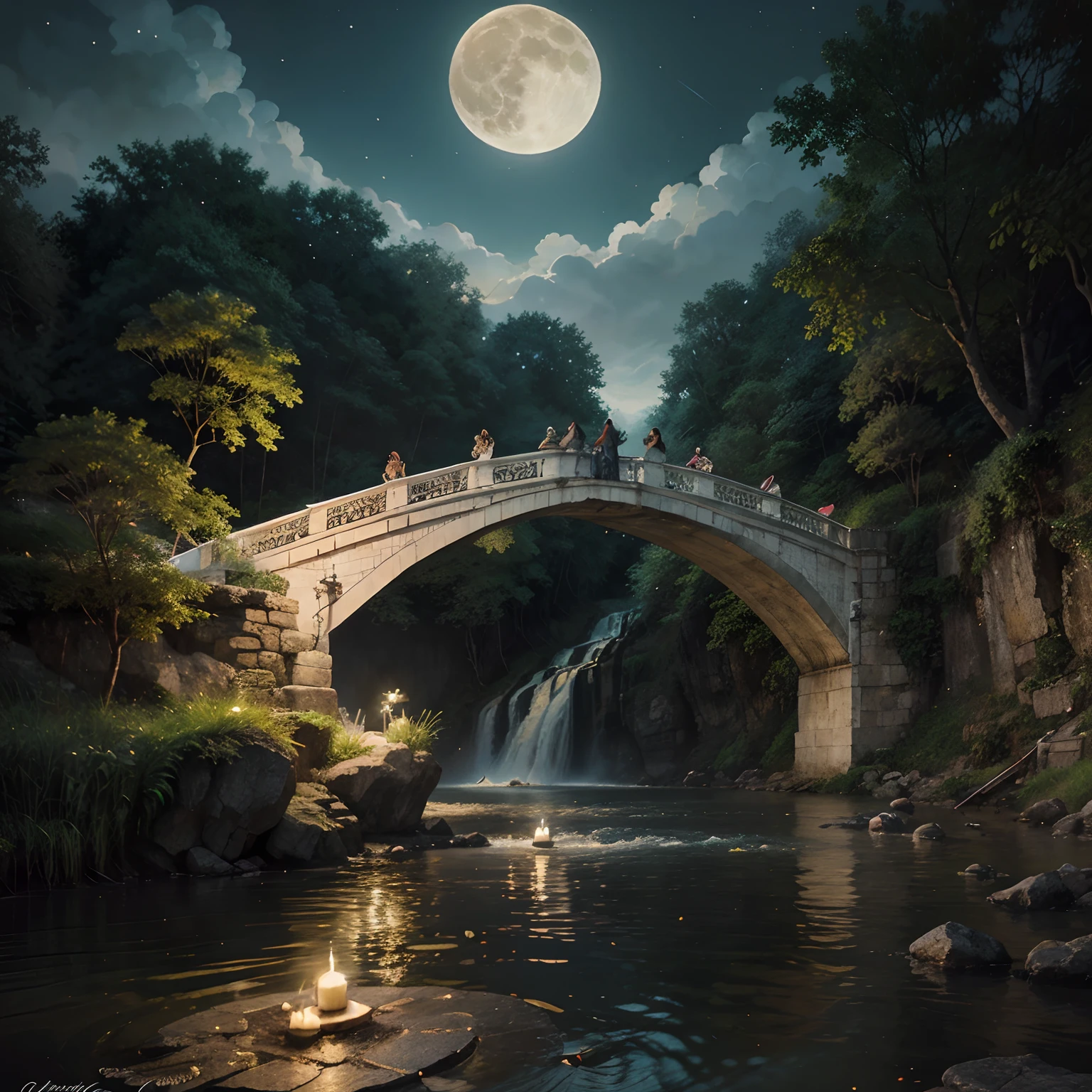 Full Moon Illustration and Waterfall, River boats, Lotus in river illustration, Candles floating on the river, The White Lotus of the Lotus, Bright yellow fireflies, Illustration of a vintage bridge near the river, Fantasy Art, Night theme, Dreamy art, hyperrealistic illustrations