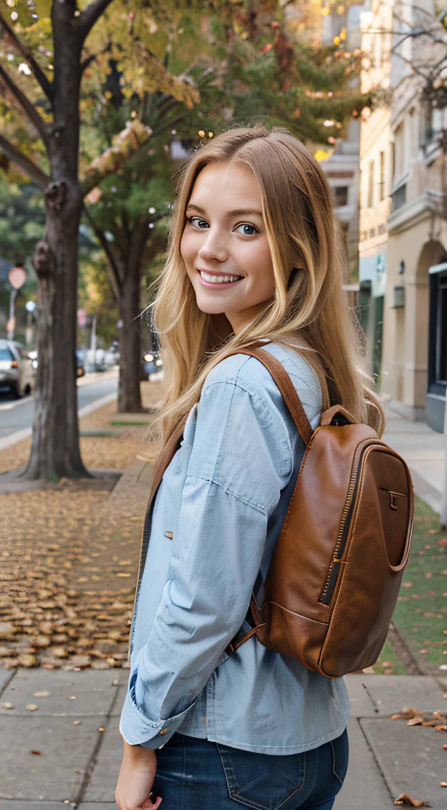 a photo realistic beautiful 26 years old model woman with blonde hair and blue eyes, cute and innocent. Clothed with classy brown autumn leather jacker and wearing a backpack in front of an old looking University of California in the background. laughing and not looking at the camera