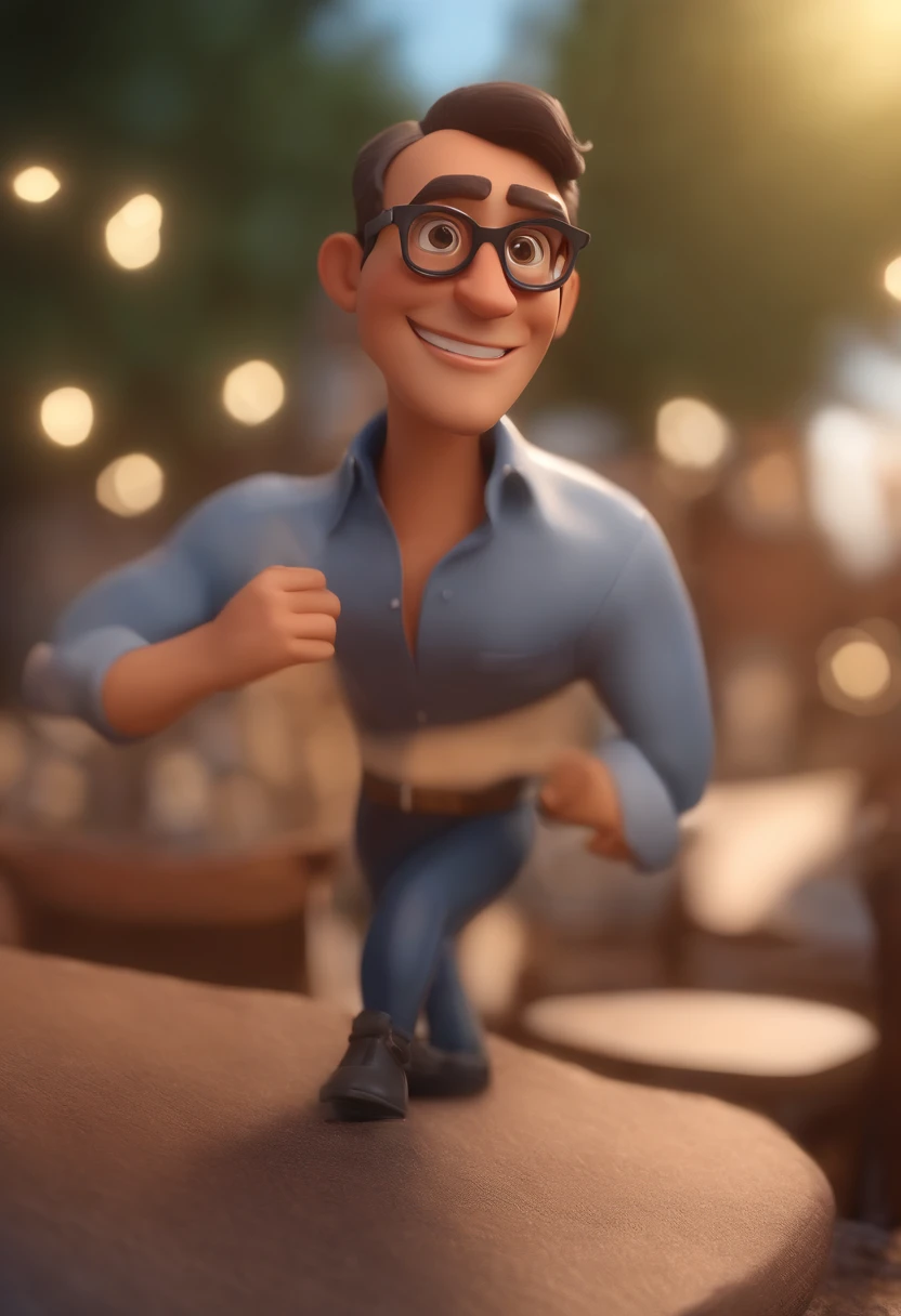 Cartoon character of a man wearing black glasses and a blue shirt, um personagem animado, Caractere estilizado, animation style rendering, 3D estilizado, Arnold Maya render, 3 d render stylized, toon render keyshot, Personagem 3D, Personagem 3D, 3d rendering stylized, 3 d character render, personagem de desenho animado, Personagem de close up, Pose de personagem, (Estilo Pixar) (master part:1.2) (Bokeh) (best quality) (pele detalhada) (textura detalhada) (8k) (argila) (Cinematic lighting) (foco nítido,Senta e vaza a parte superior do corpo