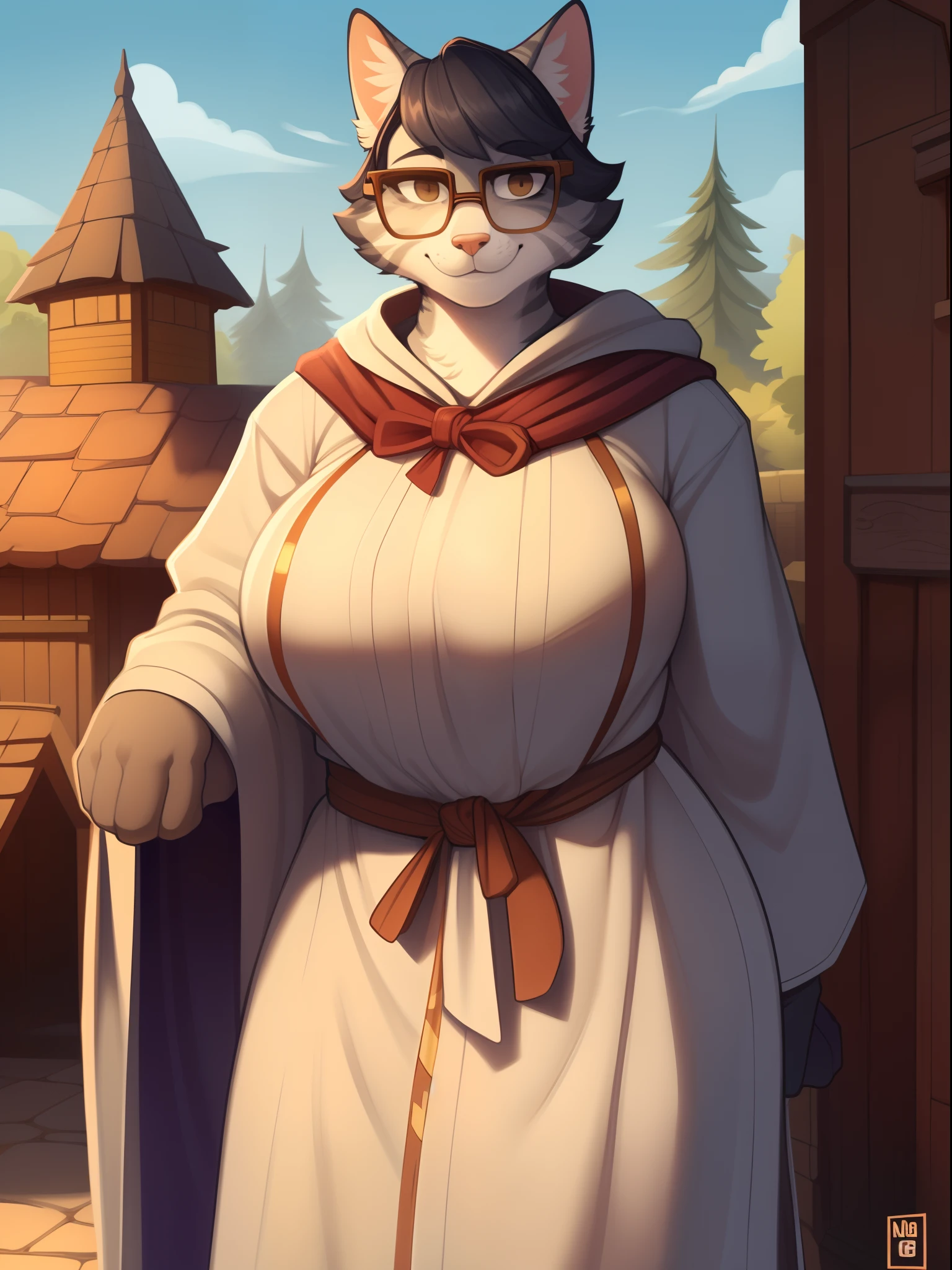 By nextel, by bigcozyorca, by goonie-san, solo, female, standing, smiling, facing viewer, big breasts, thick rimmed glasses, ((wavybhaur, snout)), feline, silver tabby cat, domestic cat, short hair, fantasy village, linen tunic, cloak, (bard)