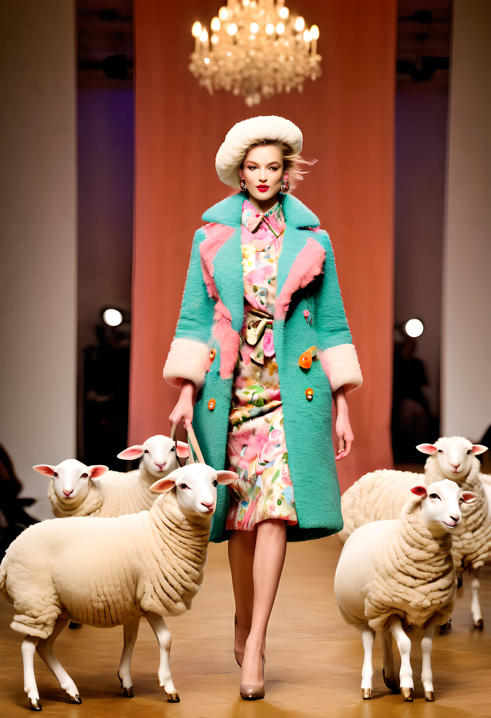 Delight in a fashion show like no other with this captivating prompt featuring anthropomorphic animals, where adorable sheep models showcase playful and whimsical designs on the catwalk. The composition captures the innocence and charm of the sheep models, with their fluffy coats and endearing expressions stealing the spotlight. The use of vibrant colors and whimsical patterns adds to the joyful and lighthearted atmosphere of the event, creating a visual feast for the audience. Directed by renowned fashion photographer Ellen von Unwerth，Dressed animal