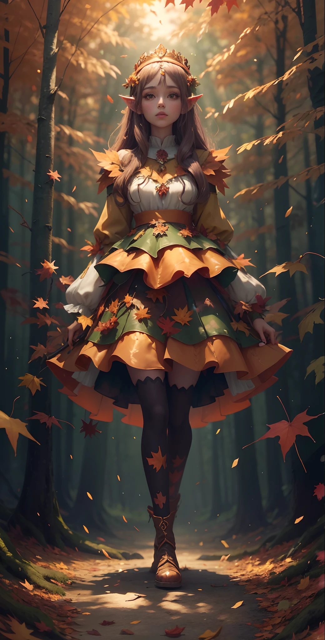 An full body shot of an Elfgirl wearing a subtle autumn multi-color skirt shaped like a mushroom, on her head she wears a crown of autumn leaves twigs and flowers, in a plush autumn forest clearing which is the forest shimmers with an almost faint bioluminescents, dark as night, a lighted forest clearing at evening 8k