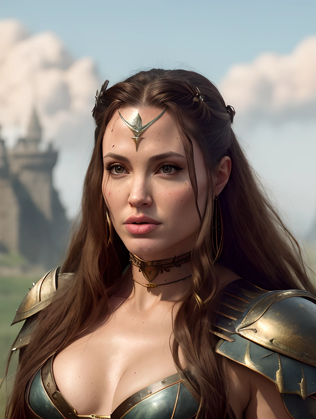 A photorealistic portrait of a warrior Angelina Jolie with long windy messy red hair, in a scene of Conan The Barbarian, wearing warrior clothes and a sword, with a battlefield as the background, a medieval movie still in the style of Zack Snyder, grotesque, fierce, tumblr contest winner, hurufiyya, renaissance painting, very strong but feminine, movie still, cinematic lighting. photograph, detailed symmetric realistic face, extremely detailed natural texture, peach fuzz, long hair, masterpiece, absurdres, nikon d850 film stock photograph, kodak portra 400 camera f1.6 lens, extremely detailed, amazing, fine detail, hyper realistic lifelike texture, dramatic lighting, unrealengine, trending on artstation, cinestill 800 tungsten, looking at the viewer, photo realistic, RAW photo, TanvirTamim, high quality, highres, sharp focus, extremely detailed, cinematic lighting, 8k uhd,-imagine-