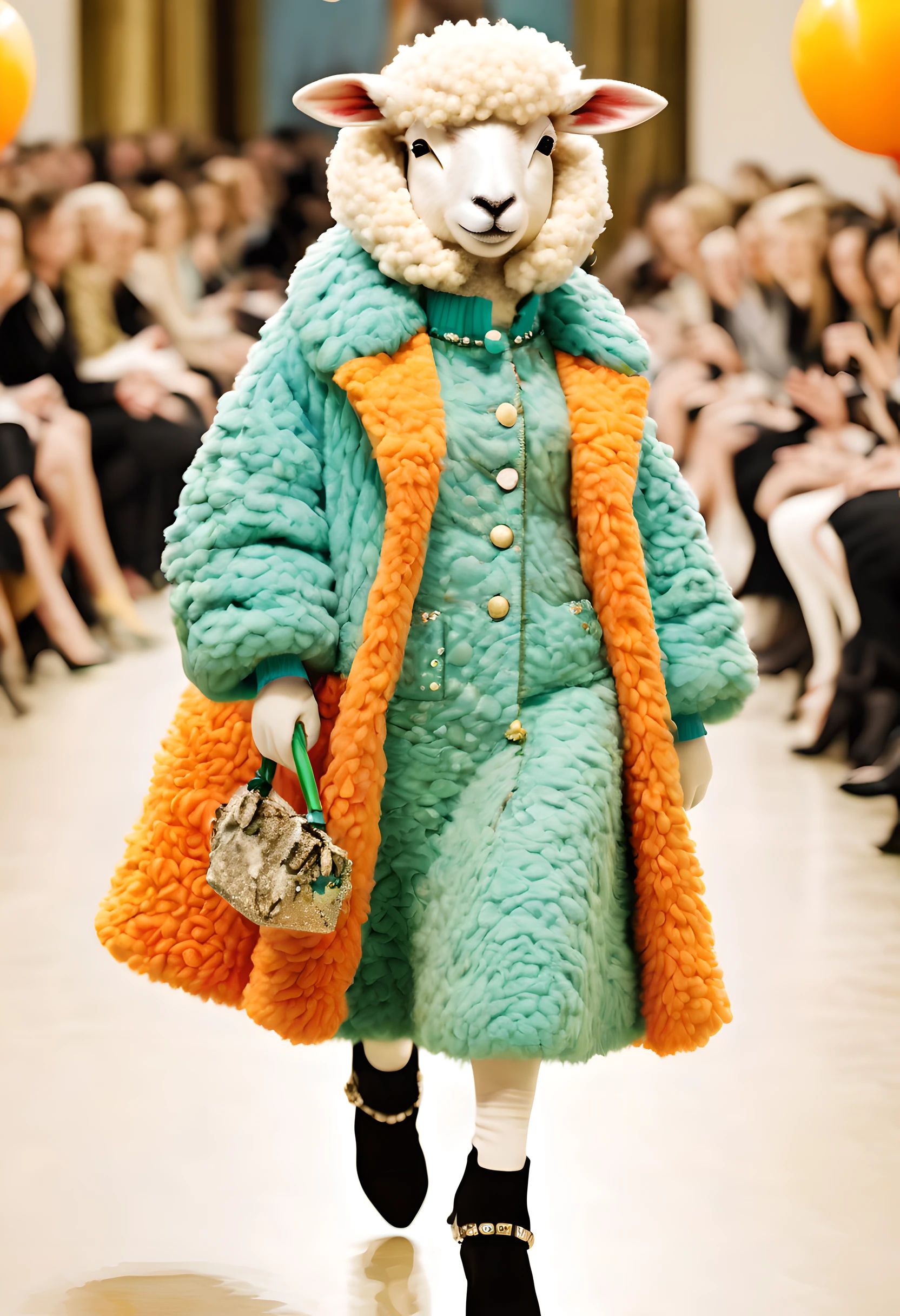 Delight in a fashion show like no other with this captivating prompt featuring anthropomorphic animals, where adorable sheep models showcase playful and whimsical designs on the catwalk. The composition captures the innocence and charm of the sheep models, with their fluffy coats and endearing expressions stealing the spotlight. The use of vibrant colors and whimsical patterns adds to the joyful and lighthearted atmosphere of the event, creating a visual feast for the audience. Directed by renowned fashion photographer Ellen von Unwerth,Dressed animal