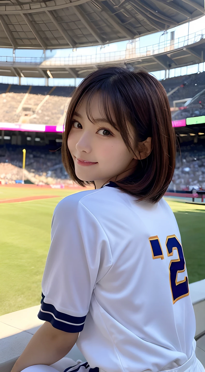 (top-quality,8K picture quality,masterpiece:1.3,),(超A high resolution:1.3,Photorealsitic:1.4,Raw photography:1.2),(ultra-detailliert:1.2,shinny skin,Detailed skin:1.1),(Detailed face,Perfect Anatomy,Caustics:1.2),(Girls cheering at the stadium:1.2),(Stand seats:1.1),(sitting in the seat:1.2),(Sideways face:1.2),(captured from behind:1.1),(sports ground),composition from the waist up,kawaii,japanes,22year old,Japanese ido,Natural brown hair,Curl short hair outward,Pretty eyes,natural make up,delighted expression,Open your mouth slightly,large boob,Oversized Baseball Uniform Shirt,White skirt,Professional Lighting,natural soft light,