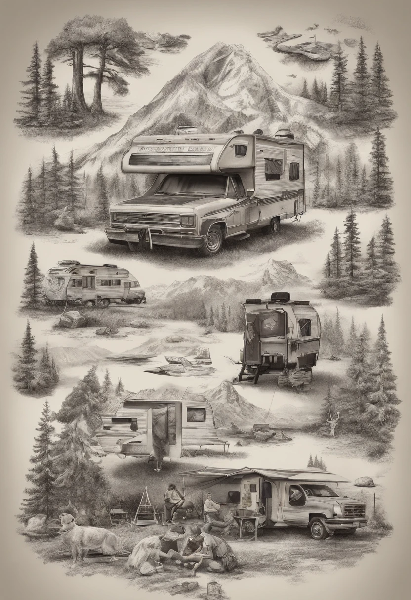A camping shirt type design that doesnt include a tent. Design should be beautiful and also something college students would wear. A design similar to the ink cross-hatching method is preferable.