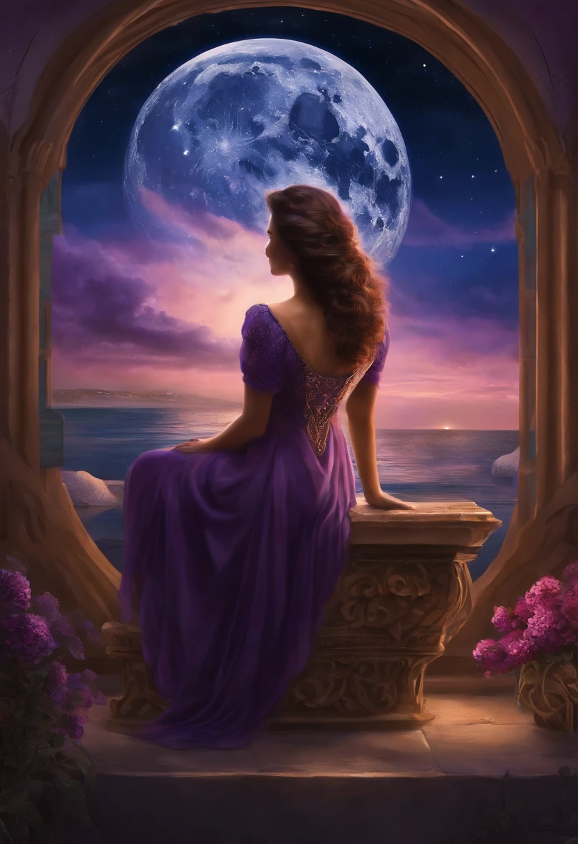 An artistic painting depicting a woman sitting on a chair in a beautiful and stunning place at night. Her hair is short and tends to be pinkish-purple, and her hair color is close to that. The moon appears in the sky. The woman has a beautiful tattoo on her back, which adds a unique touch to her personality and to the scene in general.” A woman sitting on her knees, her back bare. Short hair that tends to be purple or something similar adds a touch of uniqueness and beauty. Next to her is another version of the same woman, gently bringing her, while in the background another person can be seen fidgeting in pain and tension. This scene combines strength, weakness, and conflicting emotions at the same time.”
