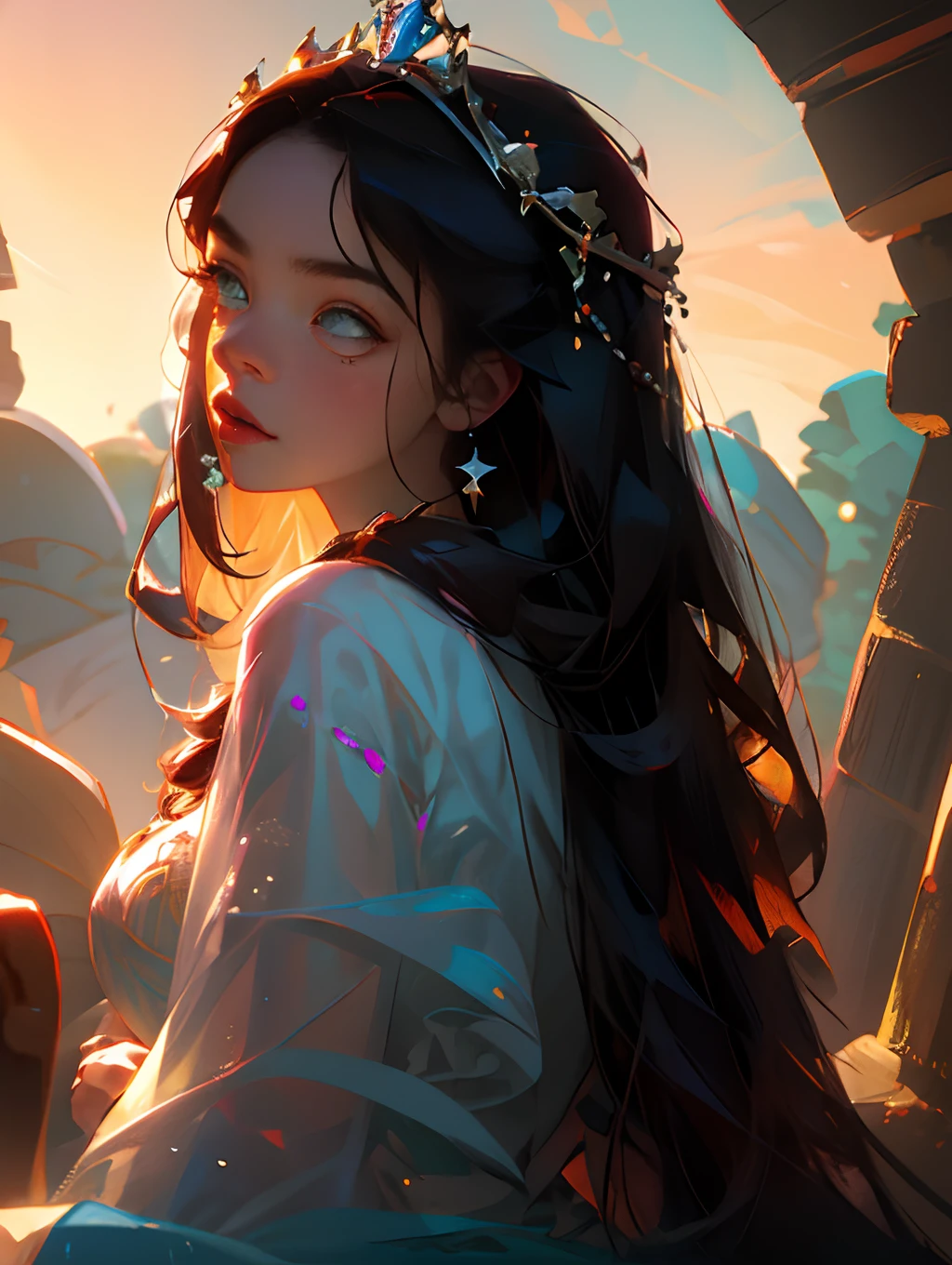 Pixar Style Jessica A Brunette Woman Long Haired Black Big Eyes Long Face Weight 84Kilos Amu The Bible Place Nature Pearl Tiara
