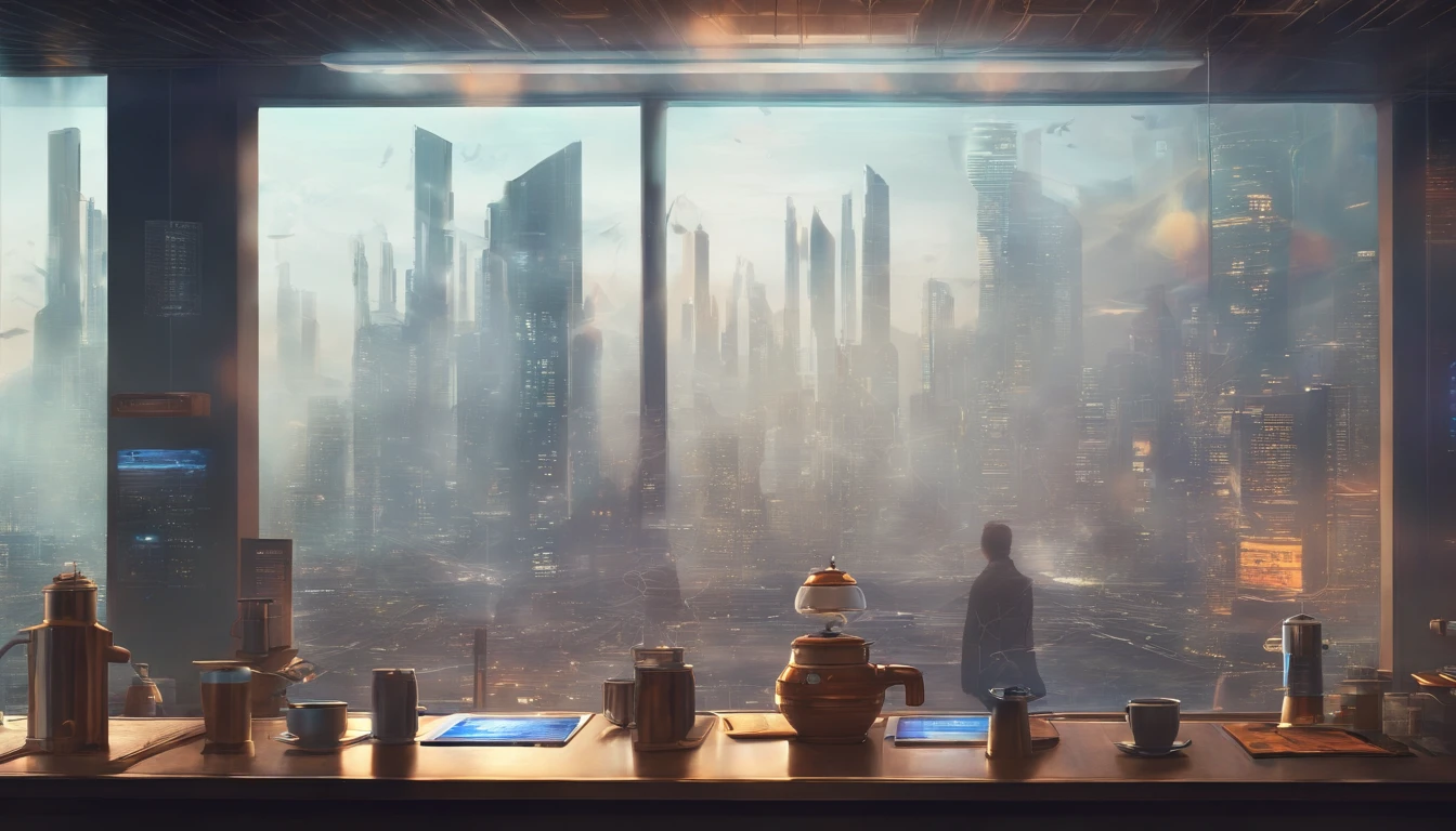 brewing coffee, Man looking out of the glass of a room a CITY in 2045 FOG, zoom out, Space ship, new world, color grading, Espresso machine on the table,