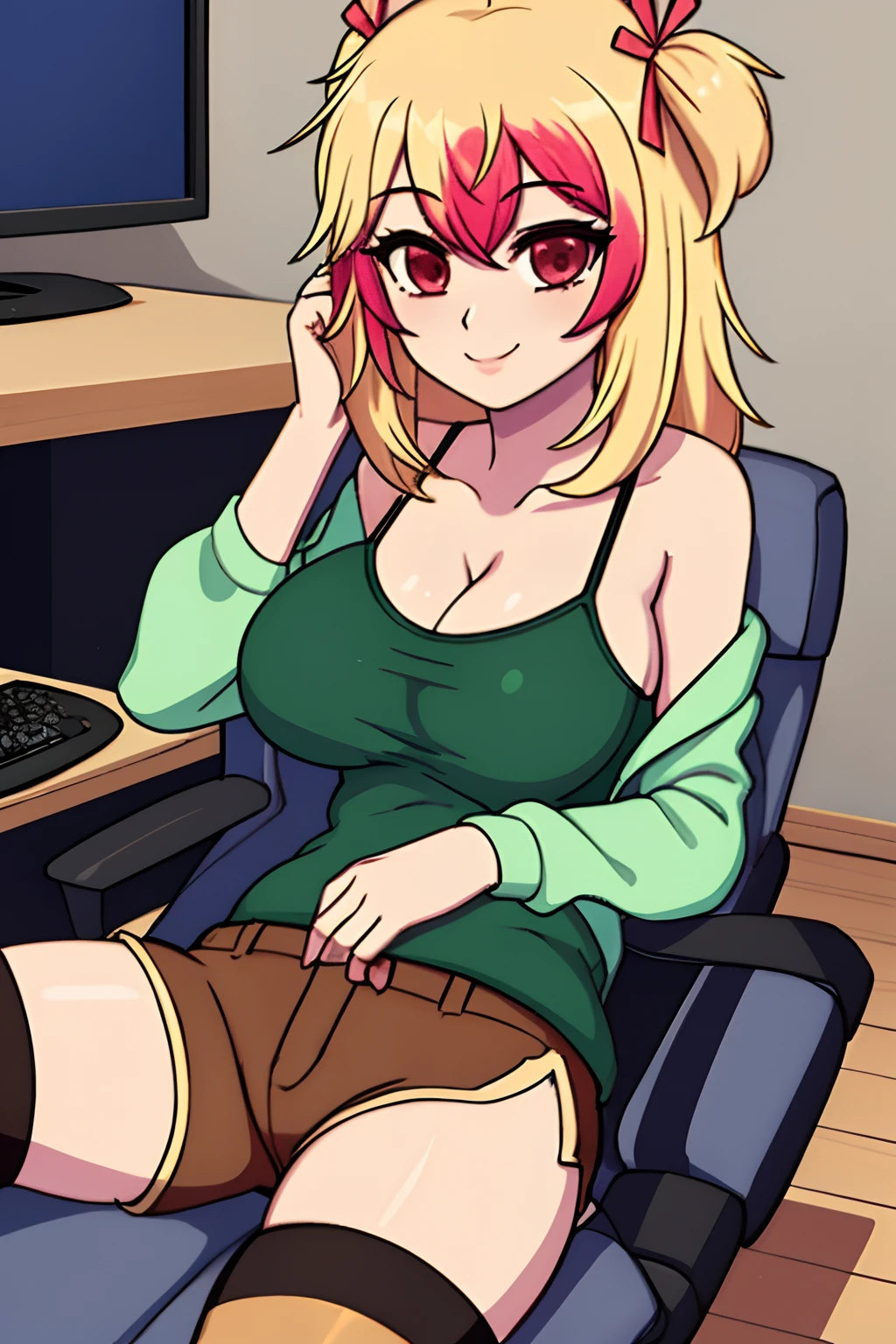 mio, 1girl, solo, breasts, blonde hair, multicolored hair, red eyes,large breasts, cleavage, shorts, long hair, thighhighs, brown shorts, camisole, shirt, smile, ribbon, indoors, bedroom, gaming_chair