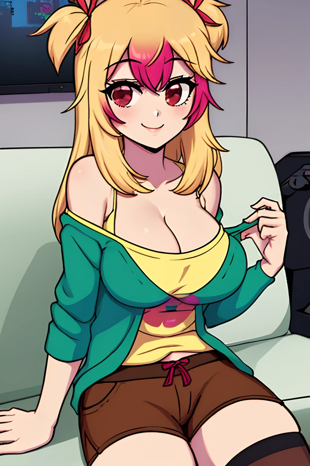 mio, 1girl, solo, breasts, blonde hair, multicolored hair, red eyes,large breasts,  cleavage, shorts, long hair, thighhighs,  brown shorts,  camisole, shirt, smile,  ribbon, indoors, bedroom, gaming_chair