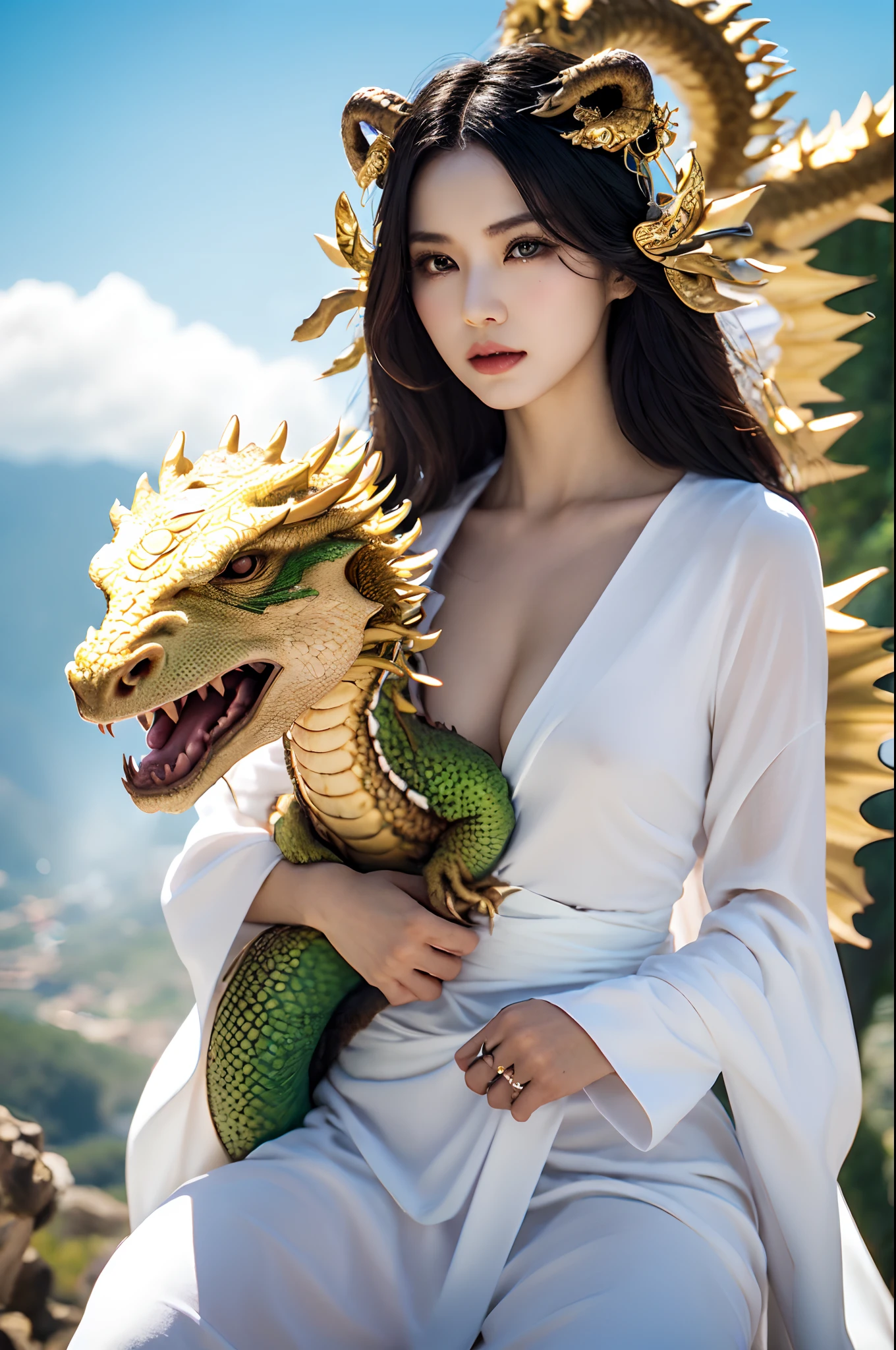 An Oriental woman rides an Oriental dragon to the top of Mount Tai,Clouds and mist are mixed,Full of fairy,sabre,Chivalrous tenderness,White robe,head gear,耳Nipple Ring,Little Dragon Girl,Look at me,Full body like,8K quality,raiden,Five-clawed golden dragon,China-style,National style,Perfect facial features,Gentle eyes,salama,Crossing the robbery,The Mandela Effect