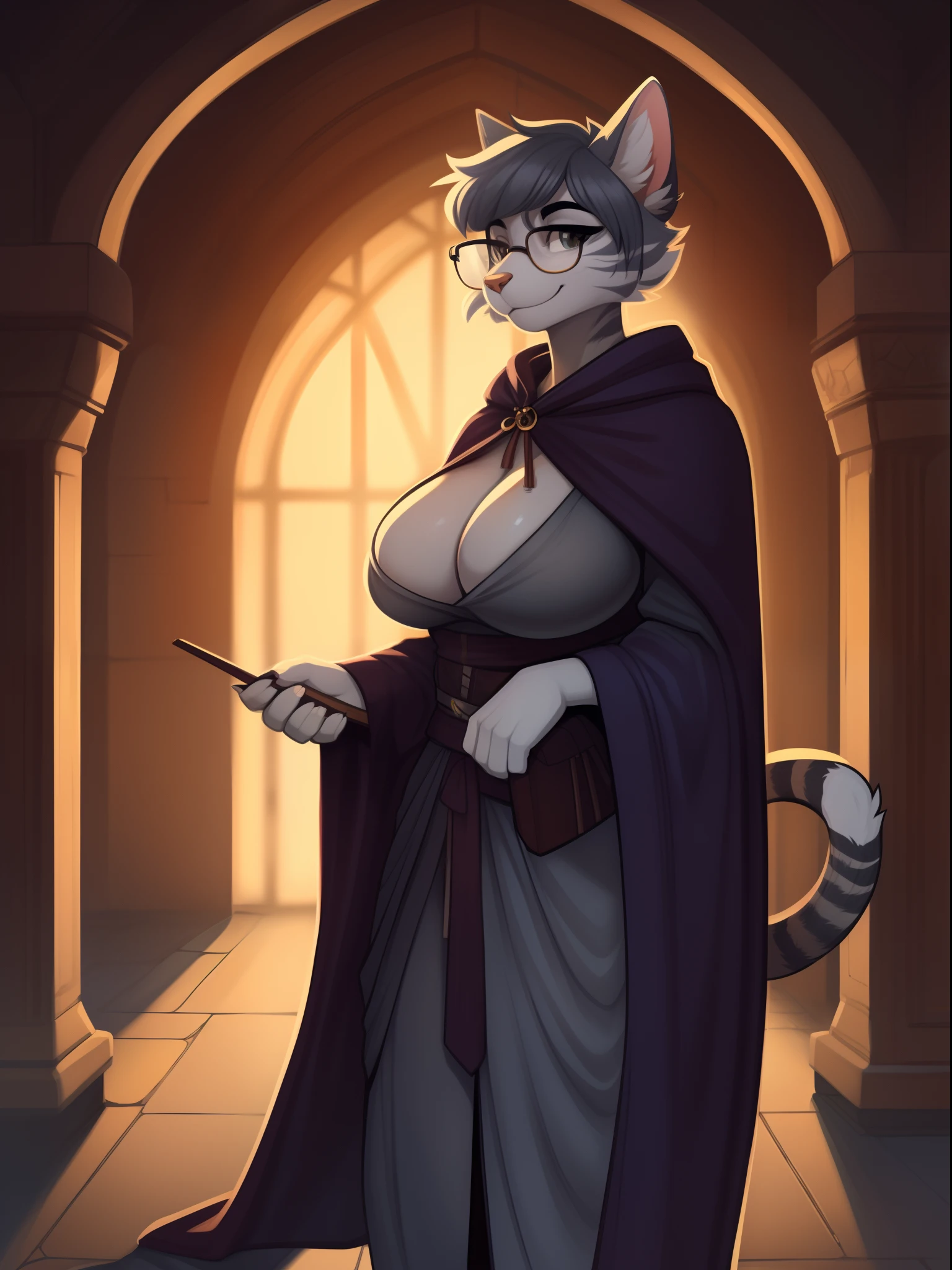 By nextel, by bigcozyorca, by goonie-san, solo, female, standing, smiling, facing viewer, big breasts, thick rimmed glasses, ((wavybhaur, snout)), feline, silver tabby cat, domestic cat, short hair, fantasy village, cloak, (bard)