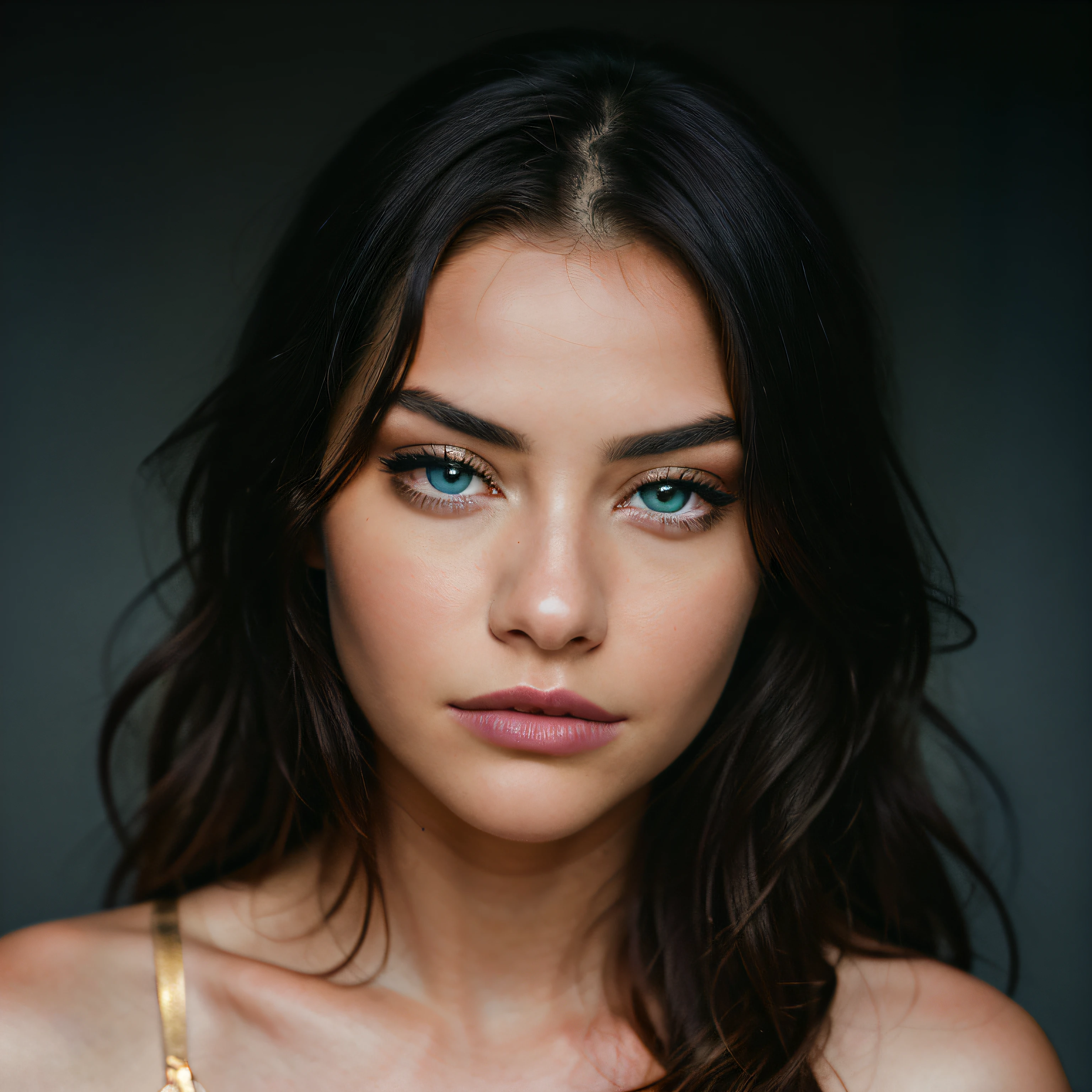 face of a model closeup, Madison Beer, headshot, long beautiful flowing ink like hair, smoky makeup, shining eyes, grey-gold-blue eyes, gold flecks, defined eyes, realistic eyes, doe eyes, beautiful perfect symmetrical face, extremely detailed, melancholy expression, painted by Tom Bagshaw and Eve Ventrue and Jeremy Lipking, ultra hd, hdr, 8k, cinematic, dramatic lighting, studio Portrait Lighting, illuminated face, 85mm, volumetric lighting, ray tracing reflections