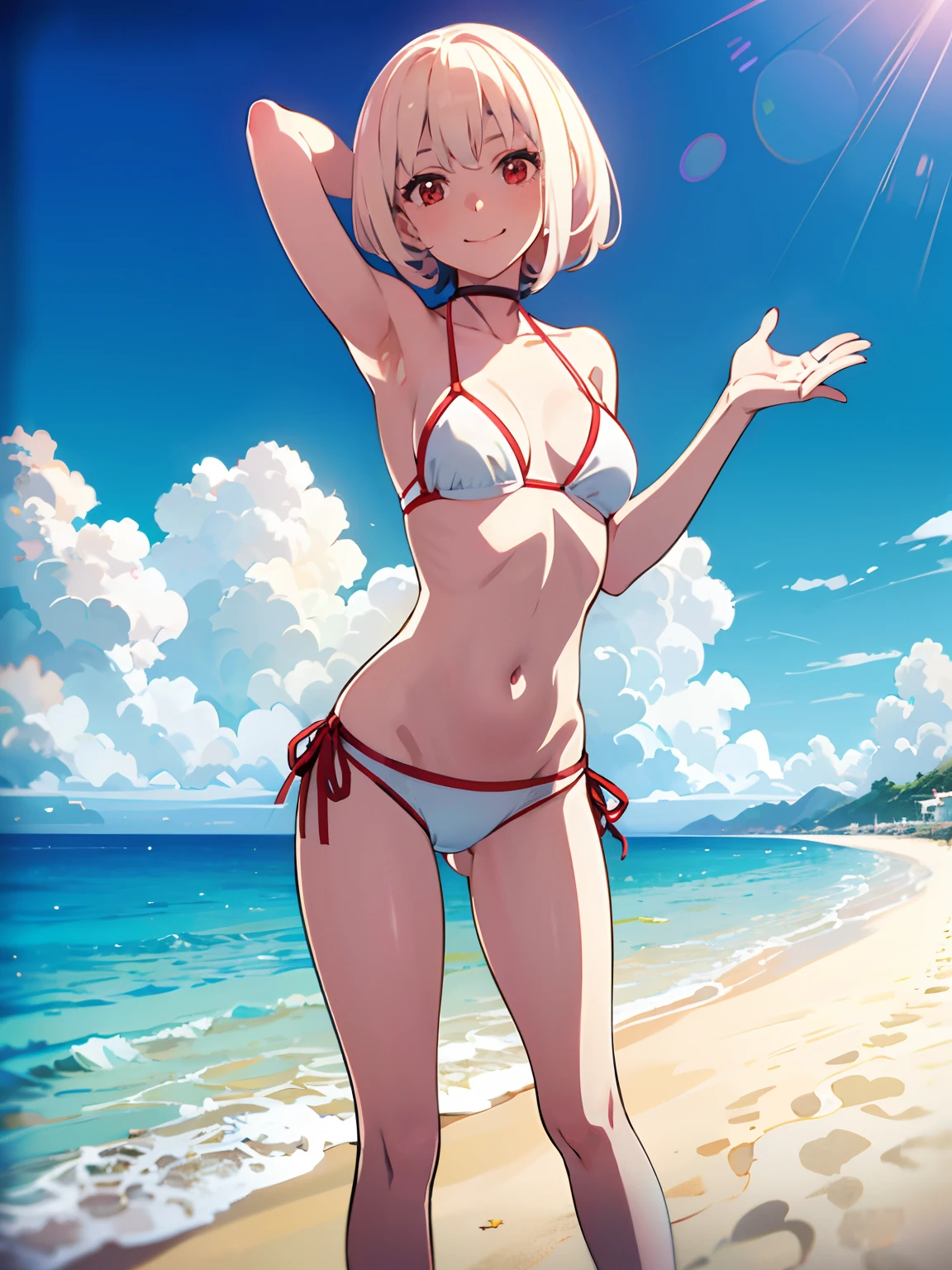 （tmasterpiece），（best qualtiy），
A girl with short white yellow hair and red eyes wearing a white bikini，standing on the sea side，Step with open hands，Emoji smile，blue-sky，baiyun，Mare，sandbeach，rays of sunshine，whole body display，looks into camera