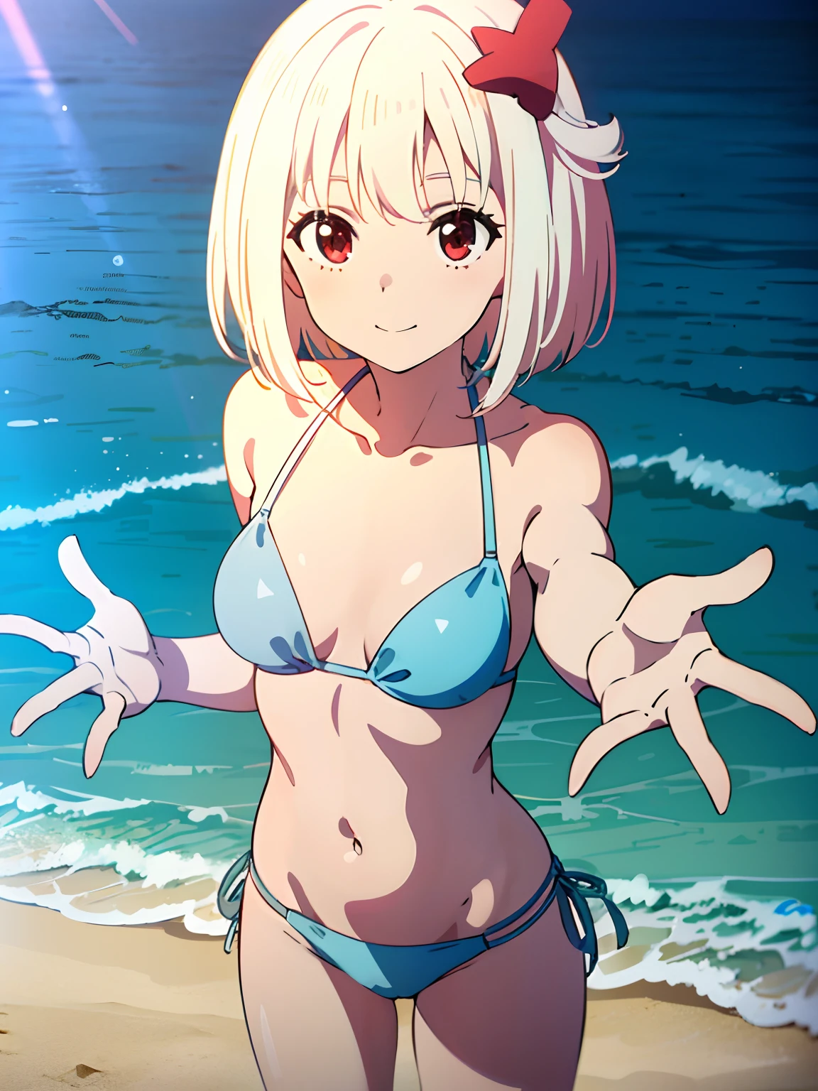 (tmasterpiece),(best qualtiy),
A girl with short white yellow hair and red eyes wearing a white bikini,standing on the sea side,Step with open hands,Emoji smile,blue-sky,baiyun,Mare,sandbeach,rays of sunshine,whole body display,looks into camera